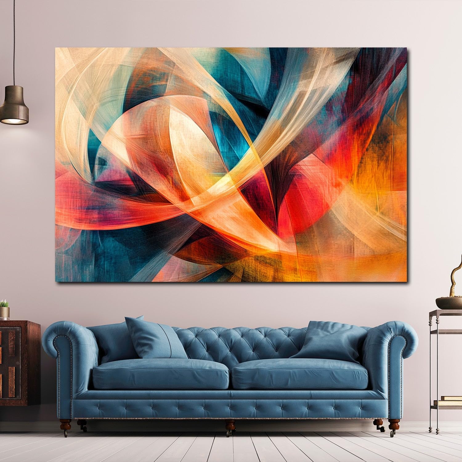 Abstrakt Fließende Bänder Orange Blau Creme Elegant Leinwandbild XL | Fließende Bänder Orange und Blau