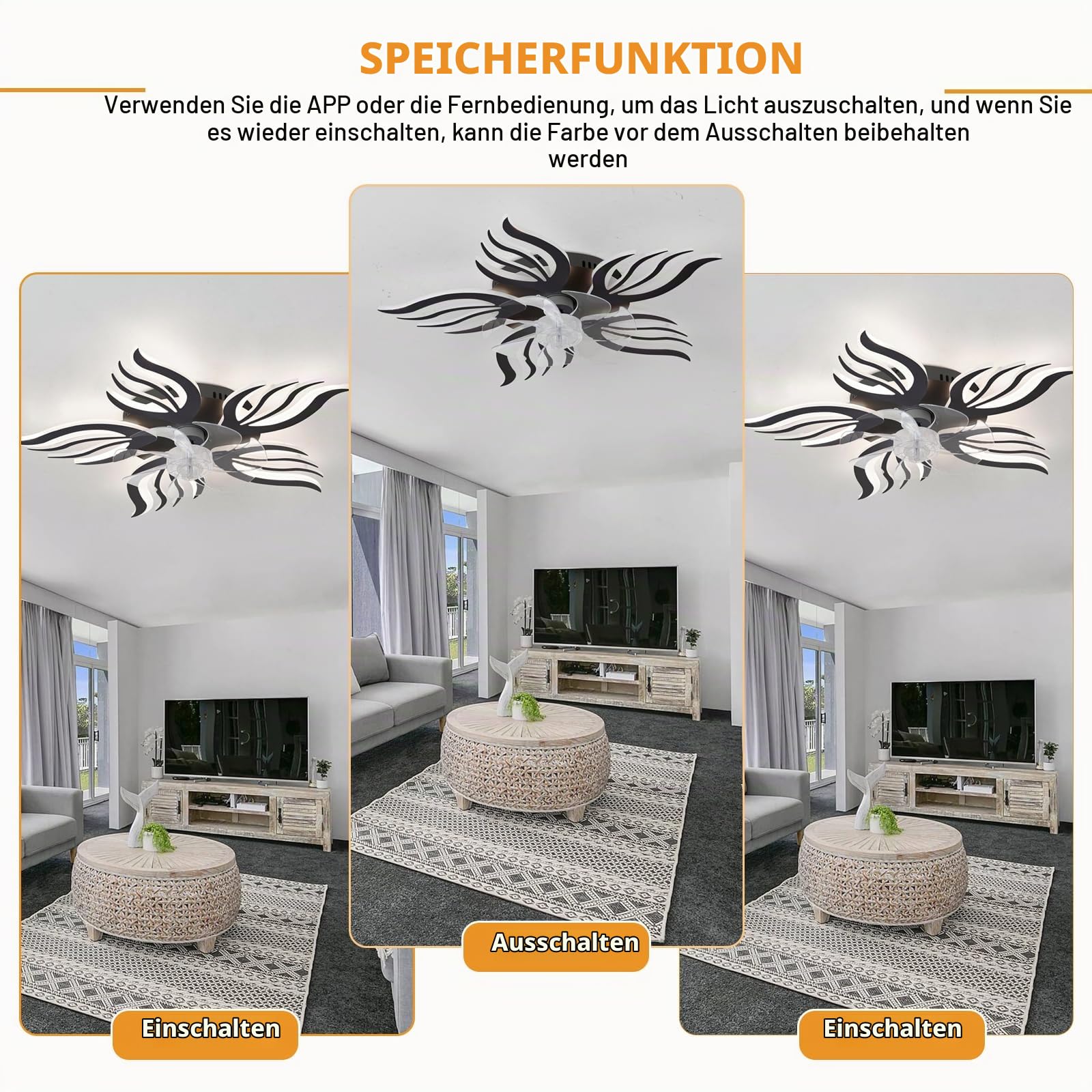 Schlafzimmer Deckenventilator Licht Mit Fernbedienung APP,LED Dimmbar Lampe Mit Ventilator Mit Memory Funktion,6 Gang Reversibel Blume Ventilator Mit Licht Mit Timer Für Wohnzimmer, Schwarz
