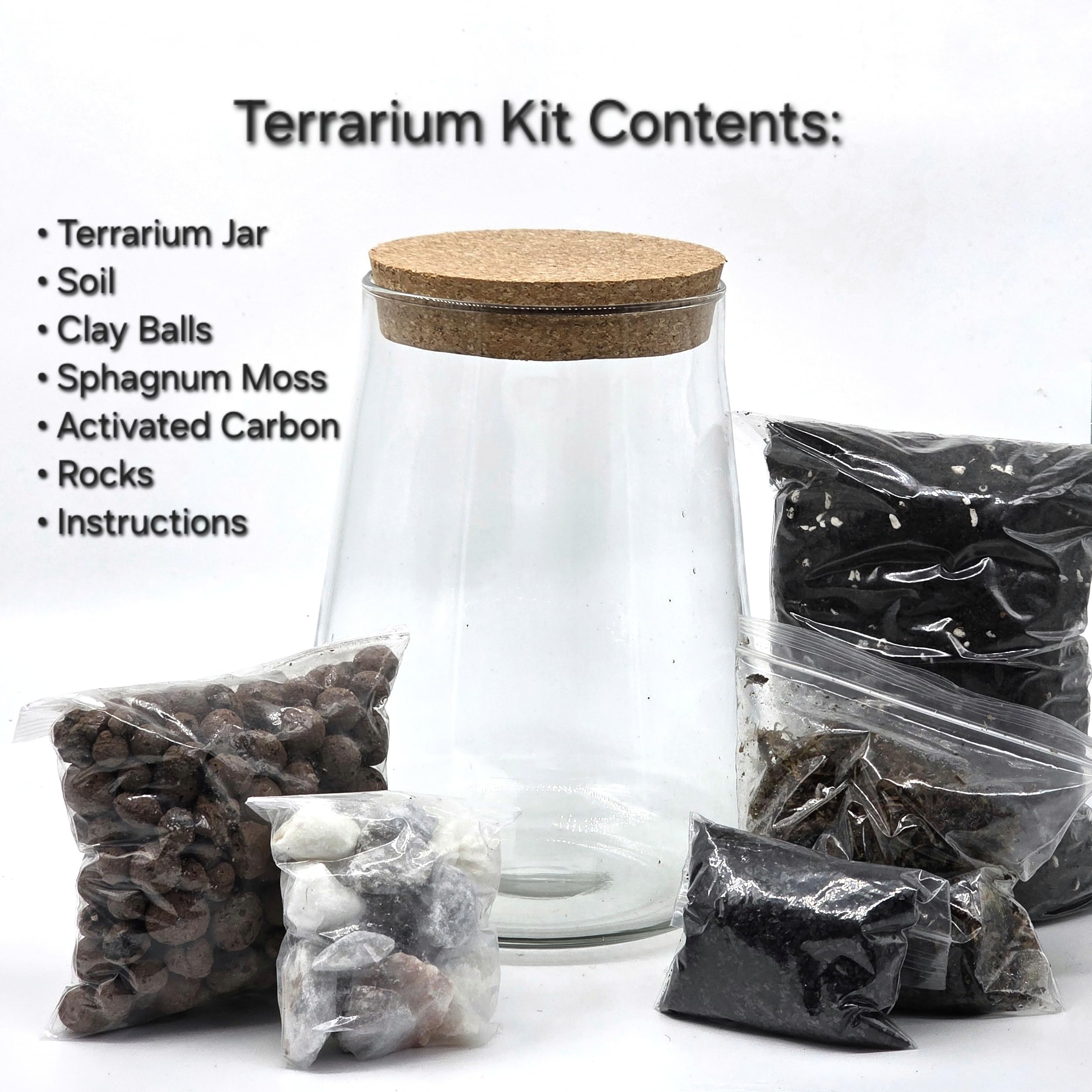 Kit de terrario cerrado con tarro de vidrio de 1,8 L, juego completo de terrario con tapa de corcho, musgo, LECA, tierra y piedras decorativas