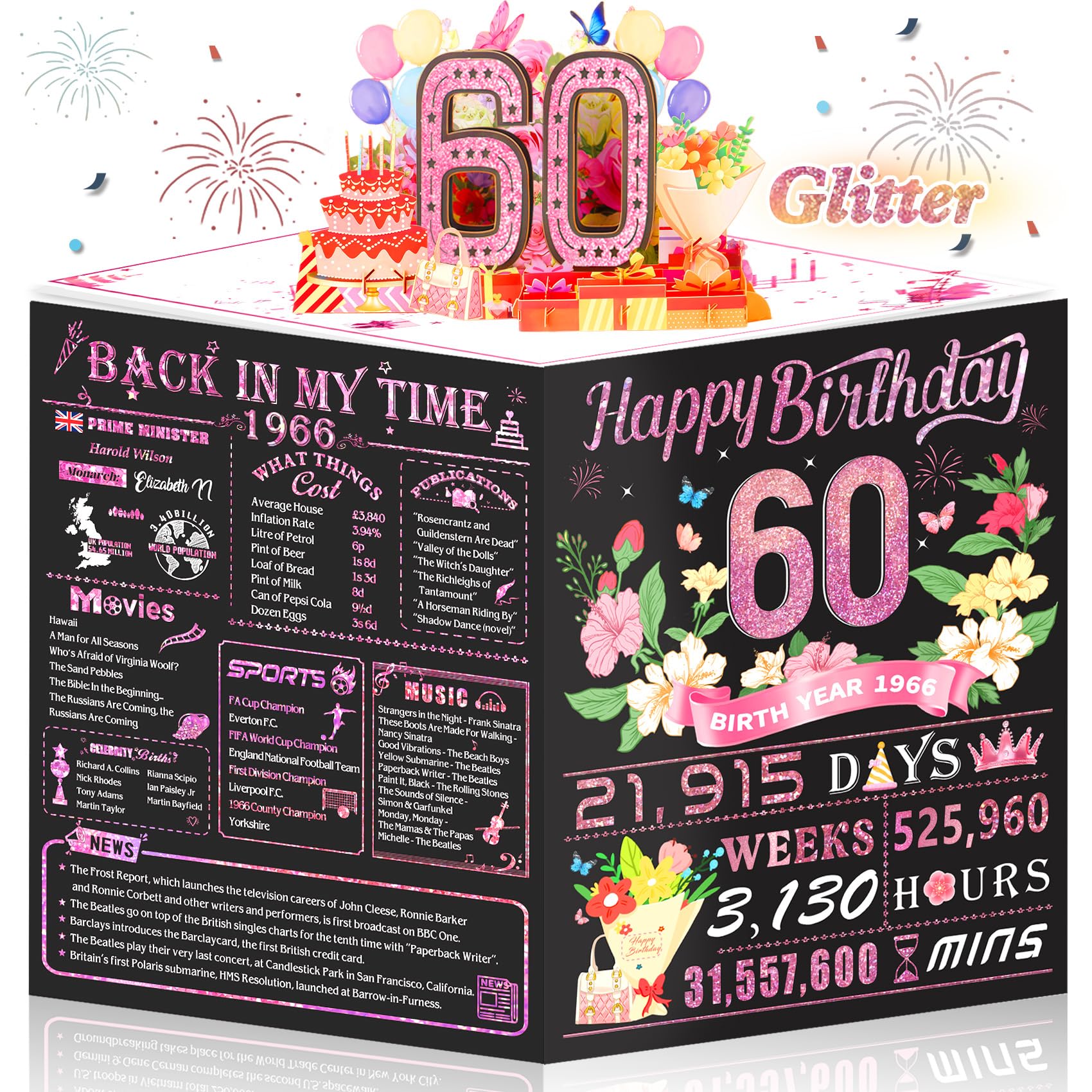 Awrmoo 60th Birthday Cards for Women, 3D Pop Up 60th Birthday Card Gifts for Mother, Back In 1966 Rose Gold Funny 60 Year Old Birthday Decorations Ideas for Wife Aunt Friends Mom Her