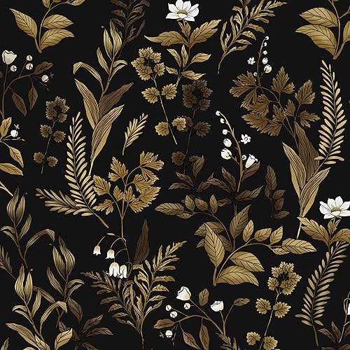 Papel tapiz floral oscuro, diseño de hojas vintage, color negro dorado, autoadhesivo, extraíble, para dormitorio, gabinete, cocina, papel de