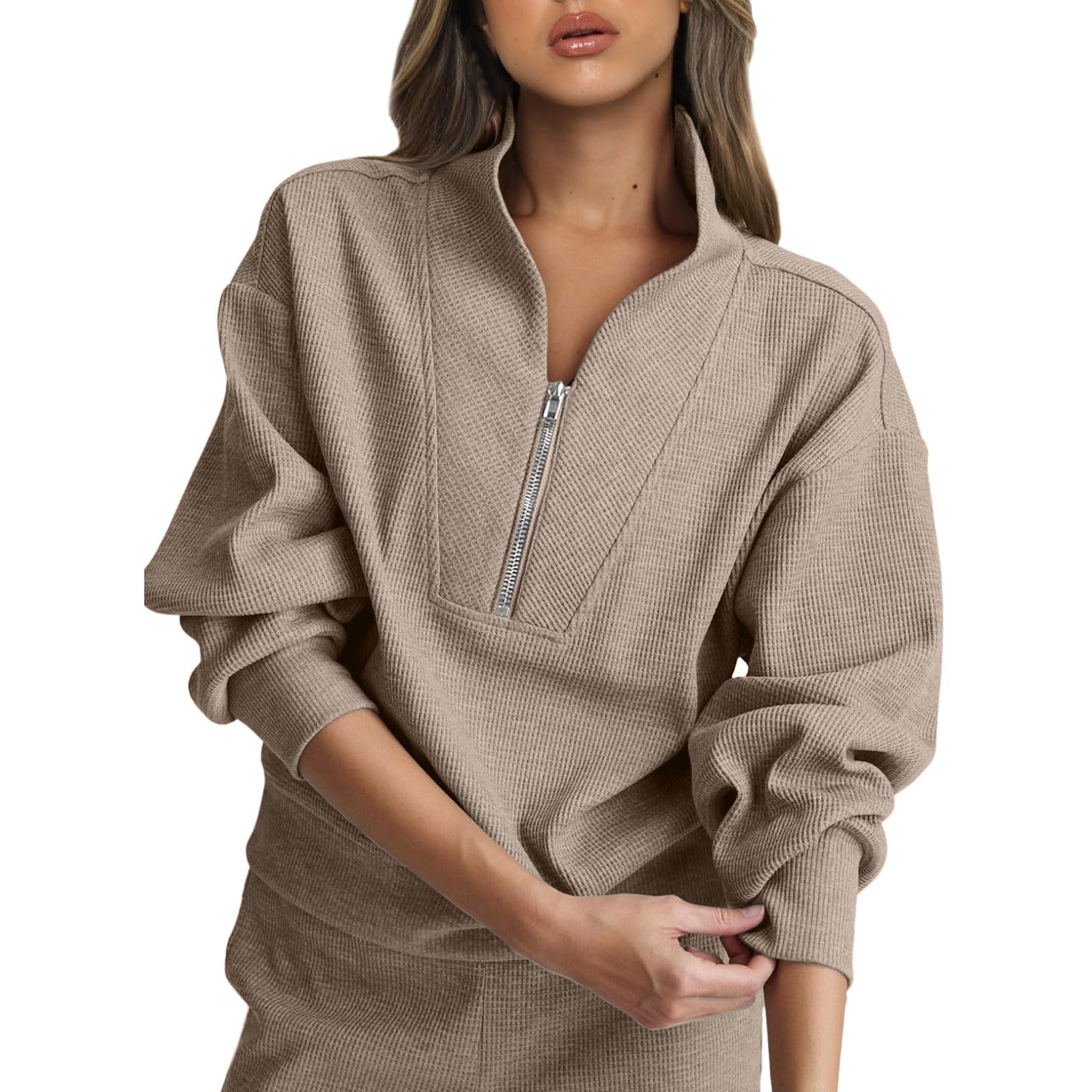 Womens Ribbed Half Zip Sweatshirts Cool Lined Collar Pullover Casual Long Sleeve Boyfriend Tops Fall Fashion Hoodies