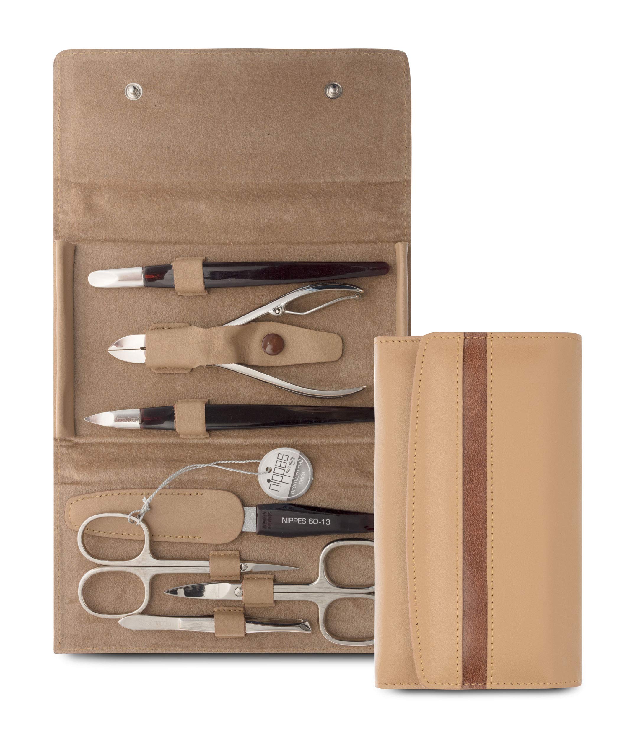 nippes Solingen Premium Line Maniküre Set Gap, 7-teilig, Rindleder-Etui mit Druckverschluss, Kontraststreifen, Nagelpflege Set, Pediküre Maniküre, Made in Germany | braun-beige Kontrastnaht, 7 vernickelte Instrumente, Hautschere, Nagelzange, Nagelhautschi