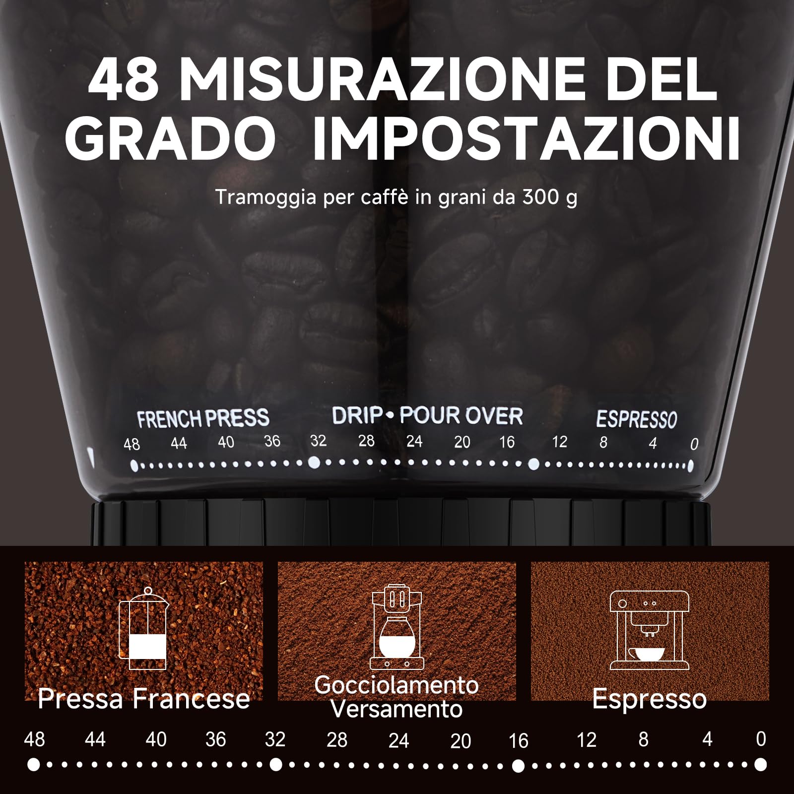 AMZCHEF Macinacaffè Elettrico con 48 Livelli di Macinatura, Macine Coniche, Sistema Antistatico, Display LCD Touch, Contenitore Chicchi 300 g, per Espresso, Caffè Filtro e French Press