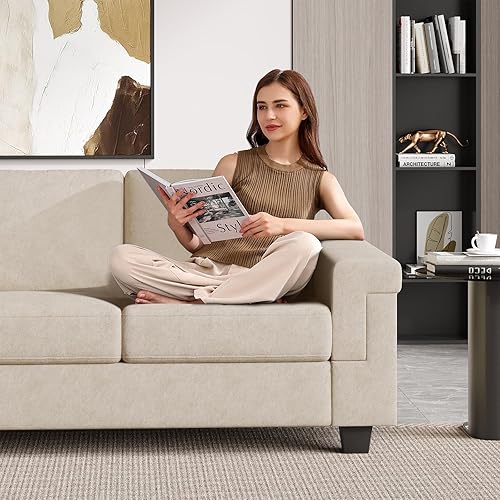 Vista 8 de 3 Seater Sofa Couch with Deep Seat, 90" Modern Upholstered Sofa with Armrests, Easy Installation, Comfy Couches for Living Room, Apartment, Beige