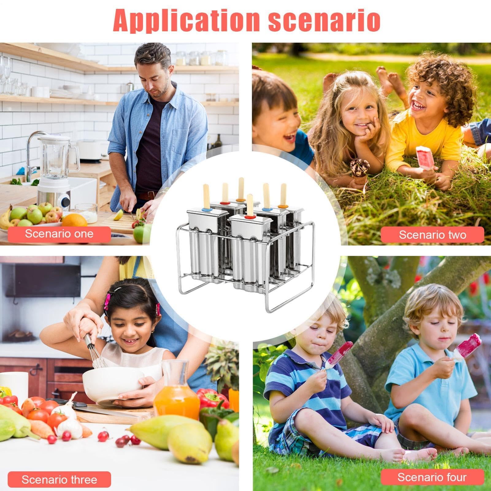 Moldes de acero inoxidable 304 reutilizables para helados de 14 | 5 x 13 x 10 cm, 6 ranuras para hacer paletas de hielo con base de soporte y 100 palos para caseras varios líquidos