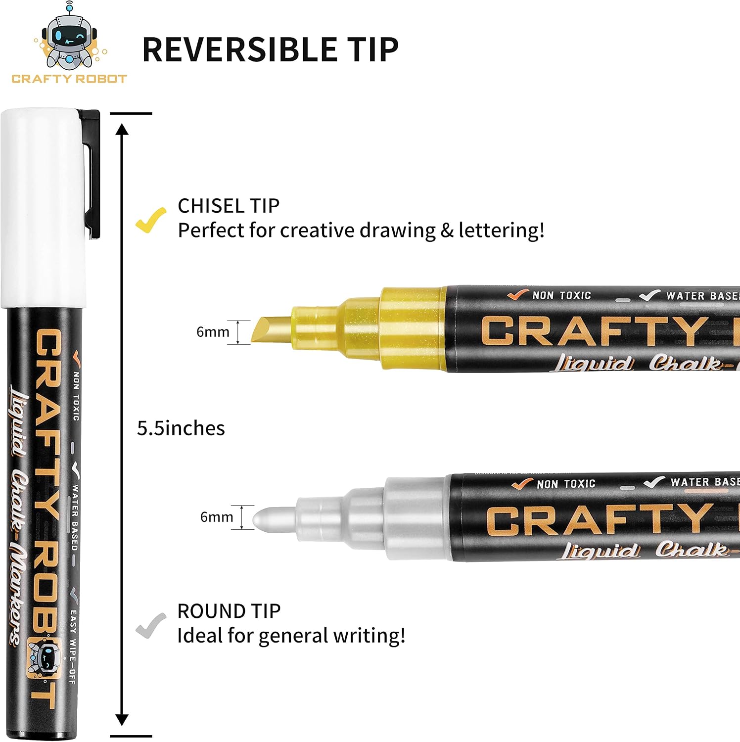 Liquid Chalk Marker Pen, Metallic Wet Erase Marker, Chalk Markers (White, Gold & Silver) for Chalkboard Signs, Windows, Blackboard, Glass, 6mm Reversible Tip (4 pack), 24 Chalkboard Labels Included