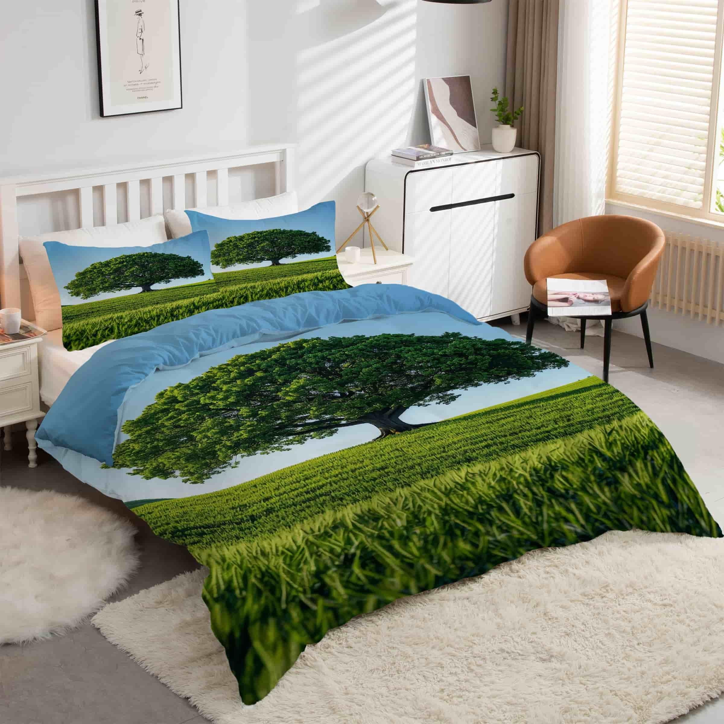 Parure de lit 90x190 avec housse de couette microfibre douce et taies d'oreiller motif arbre vert