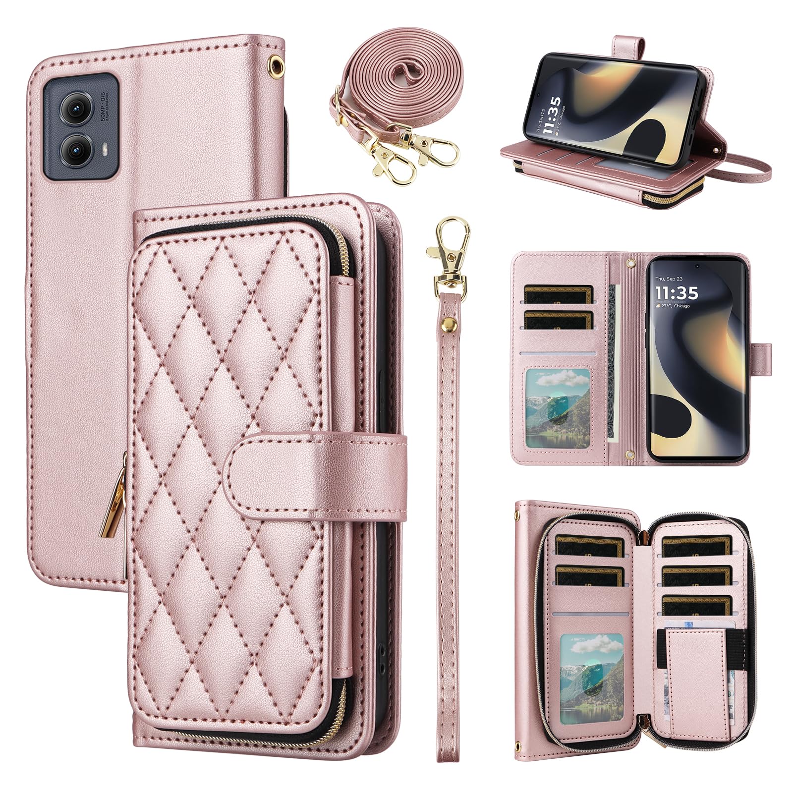 Furiet Argyle Wallet Case for Motorola Edge 5G 2024 with Wrist Strap Shoulder Strap, Card Slots Zipper Purse Luxury PU Leather Stand Checkered Cell