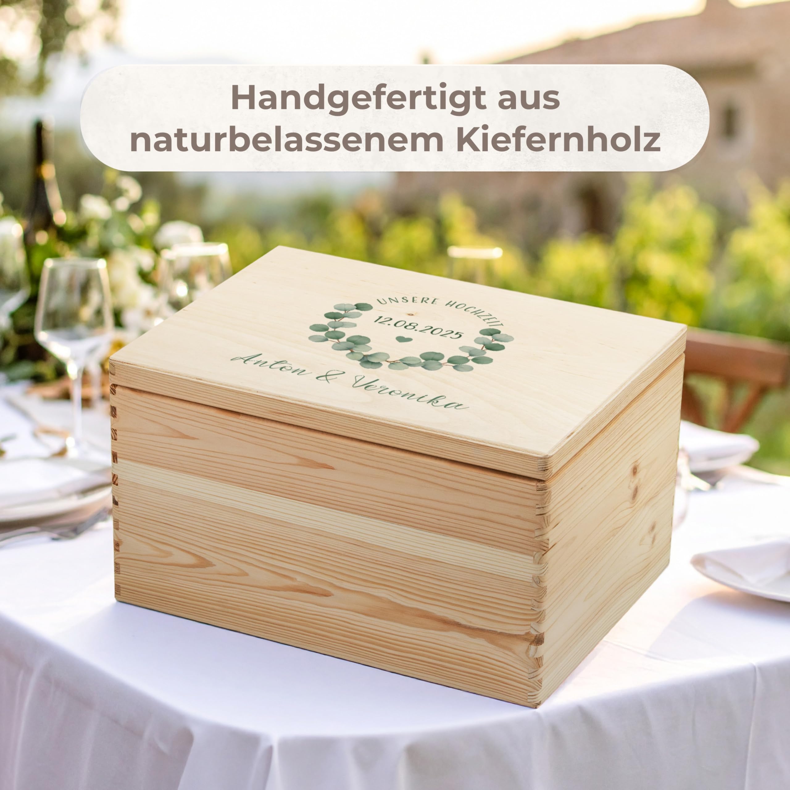 Amari ® Personalisierte Erinnerungsbox aus Holz | Eukalyptus | Individuelles Hochzeitsgeschenk Erinnerung Hochzeit Personalisiertes Holzkiste
