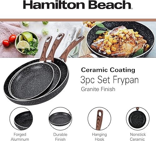 Miniatura 2 de Hamilton Beach Juego de 3 sartenes antiadherentes de mármol de aluminio con parte inferior de inducción mango suave al tacto negro 89511 pulgadas