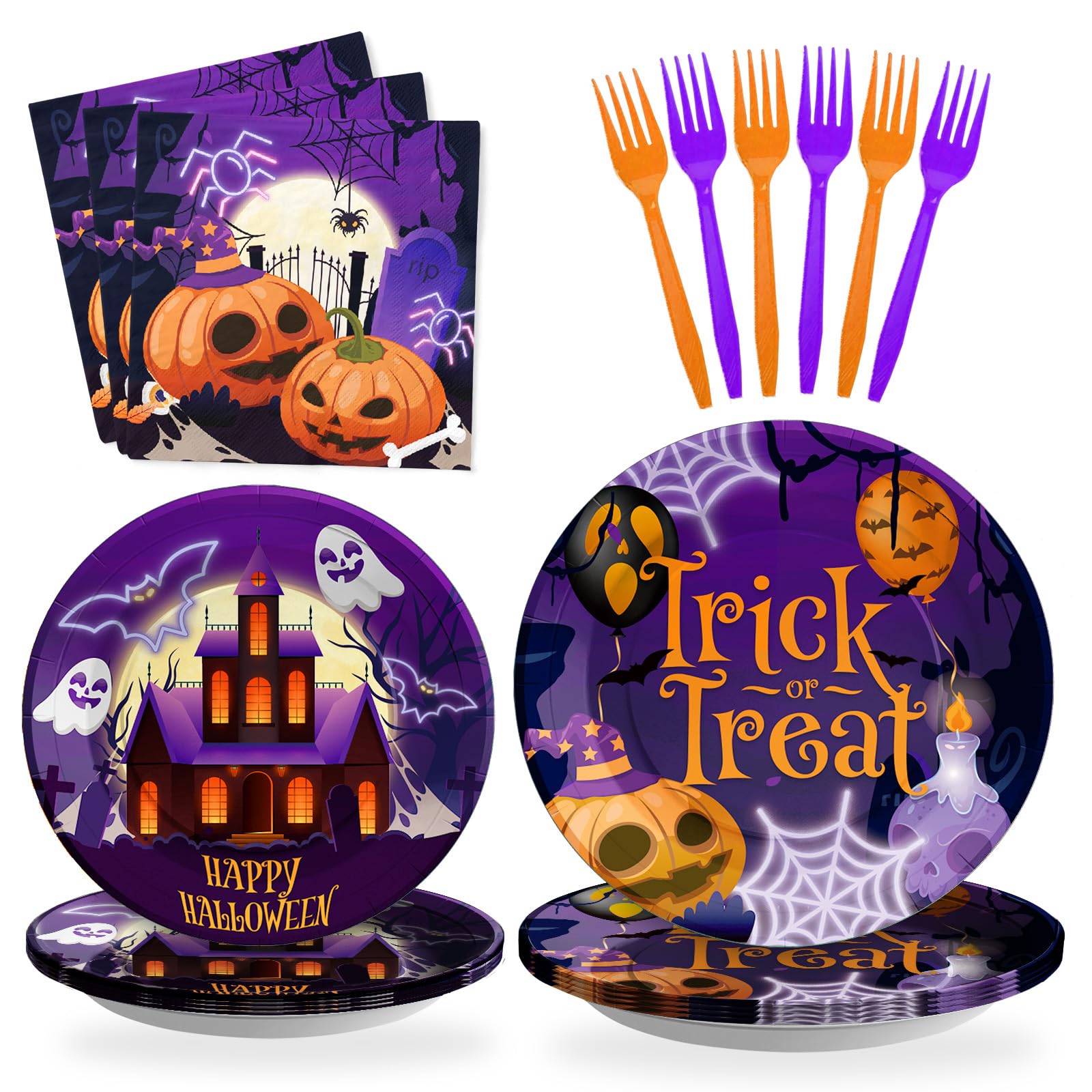 SCIONE96PCS Halloween Paper Plates Reusable Party Decorations Tableware Set Paper Dinnerware Set for Halloween Fans Boys Festival