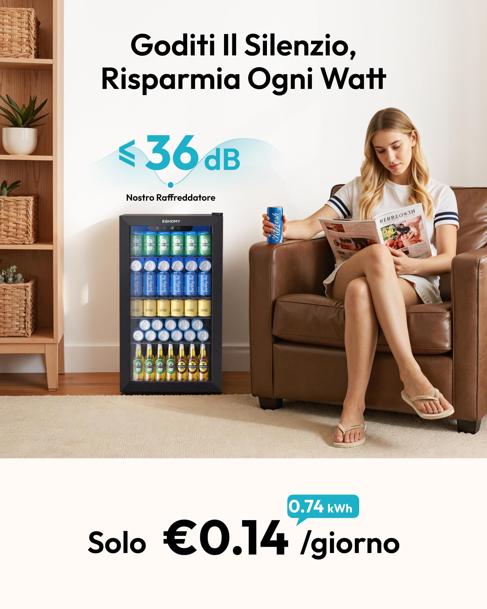 EUHOMY Frigorifero per bevande, mini frigo per 126 lattine con porta in vetro, piccolo frigorifero con ripiani regolabili per limonata, birra o vino, perfetto per casa/bar, ufficio, nero