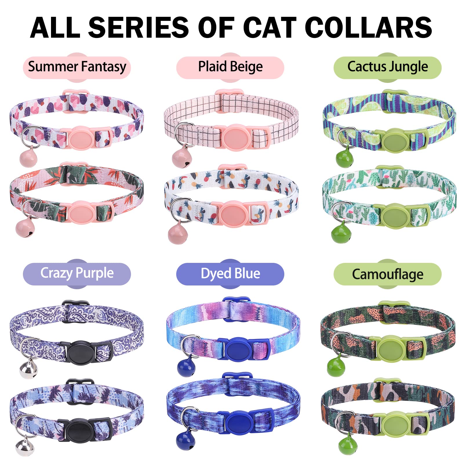 Breakaway Katzenhalsbänder für Mädchen, Jungen, Katzen, personalisiert mit verschiedenen Mustern, 2 Stück, niedliche klassische Sicherheitsschnallen und Glocken, verstellbar, bunt, rosa
