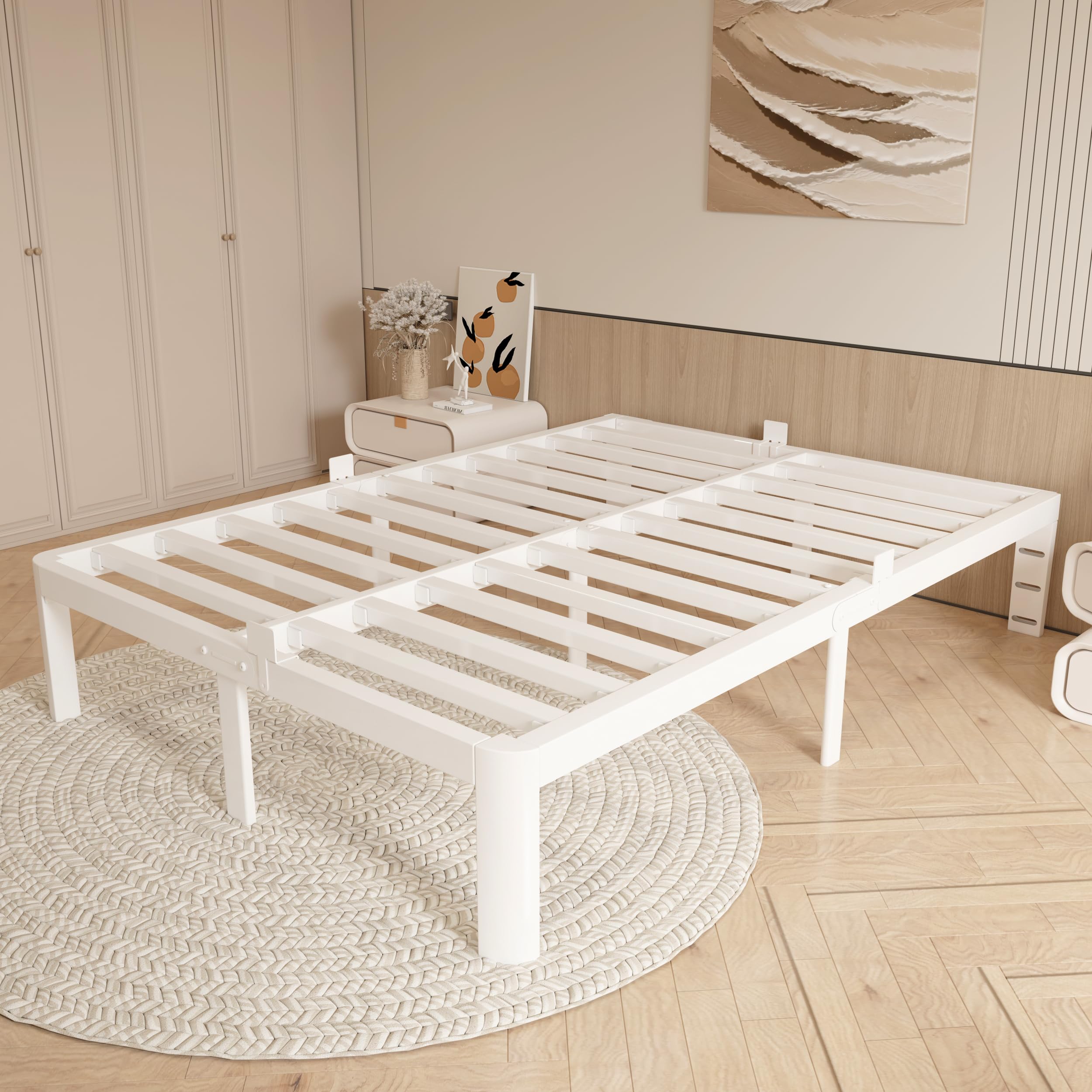 HQU 14 Inch White Queen Bed Frame with Metal Gaskets, Anti-Slip Mattress Stopper, No Box Spring Needed, Heavy Duty Steel Slat Support, DIY Headboard,
