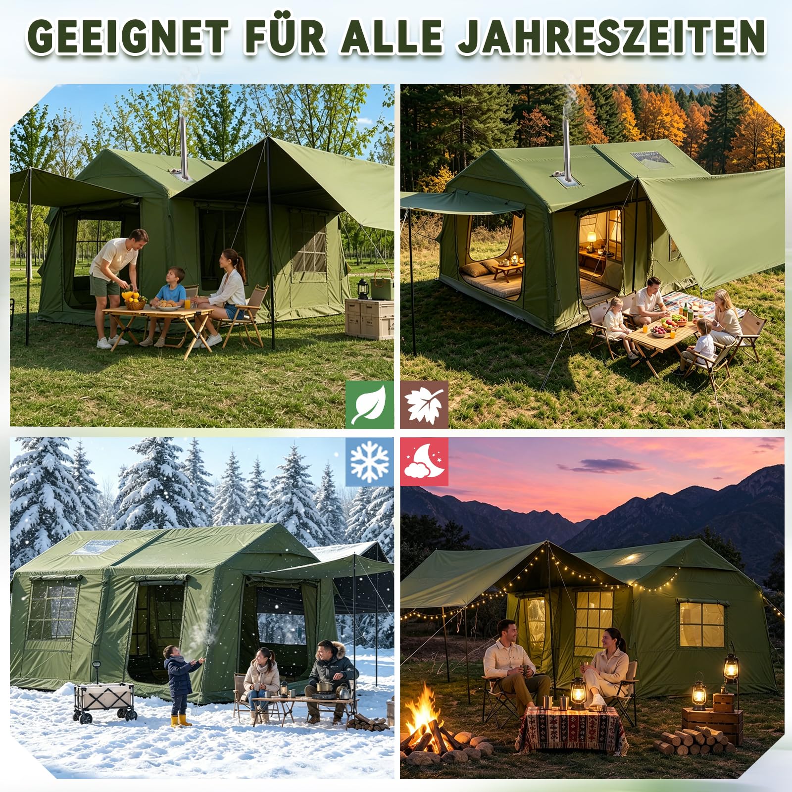 2-10Personen Aufblasbares Gampingzelt mit Oberlichter&Kaminöffnung, 420D Oxford Outdoor Familien Hauszelt Zelt, 4Jahreszeiten, wasserdichte, Ventilationssystem