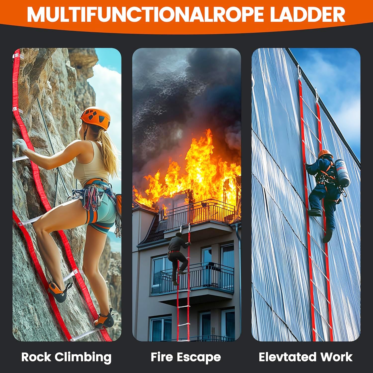 HEYOUTH Strickleiter,Fluchtleiter,Strickleiter Rettungsleiter, Feuerleiter Fluchtleiter,Universelles Befestigungssystem,Faltbar,für Balkon & Fenster,Gewicht von bis zu 450 kg (15m)