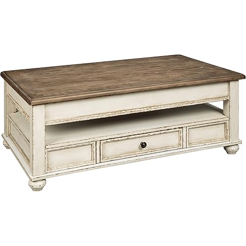 Signature Design by Ashley Realyn Vintage Farmhouse Rectangular Lift Top Coffee Table with Storage Drawer, White & Brown