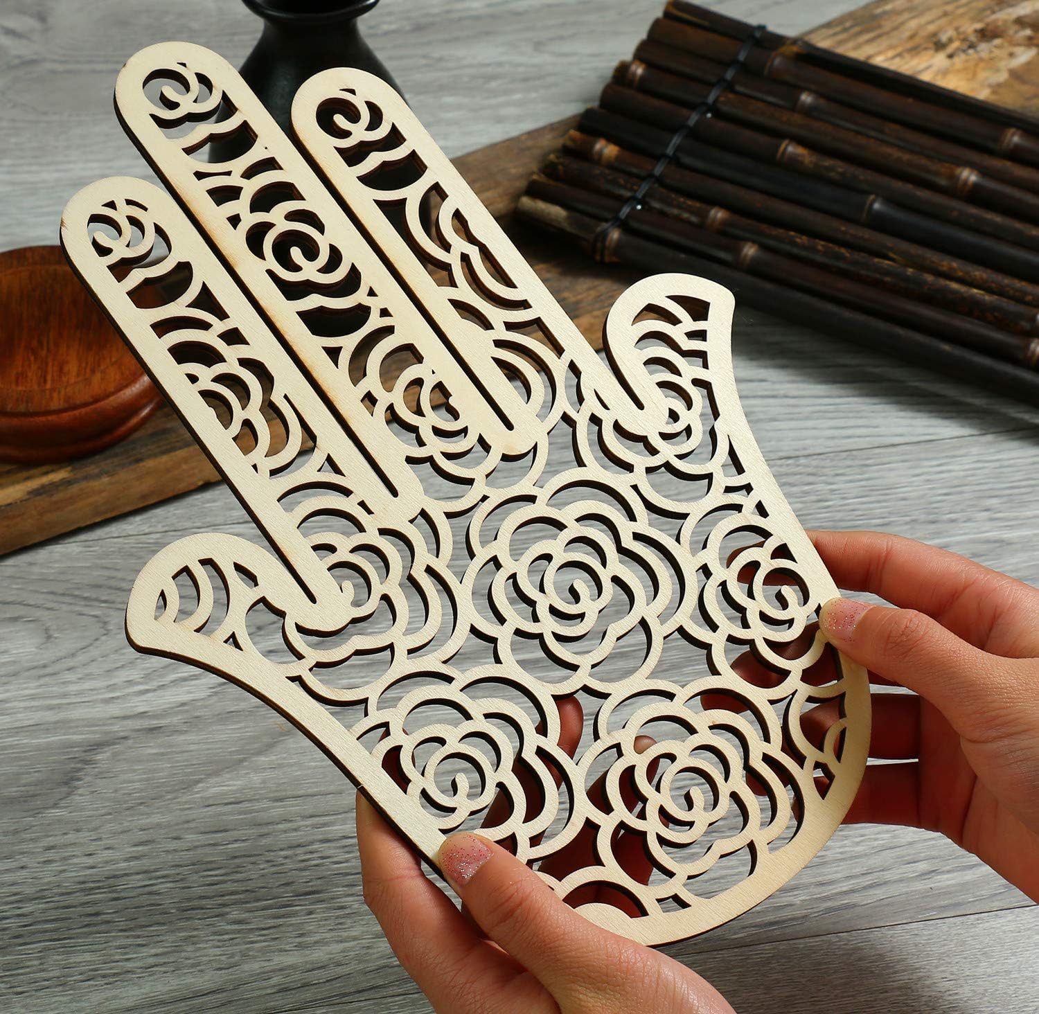 Simurg Good Luck Hamsa Hand Wood Wall Art Amulet Artwork Home Blessing Decor, Hand of Fatima Wall Decor