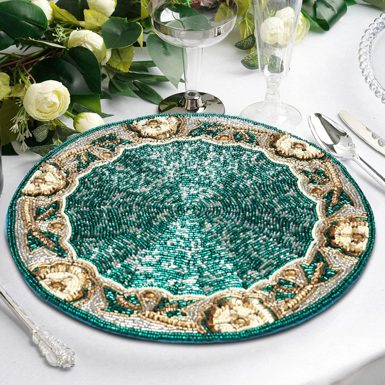 Beaded Round Placemats 13” – Teal Silver White Gold Beaded Charger Placemats for Dining Table, Decorative Glitz Placemats for Holiday, Christmas, Wedding & Party Table Setting