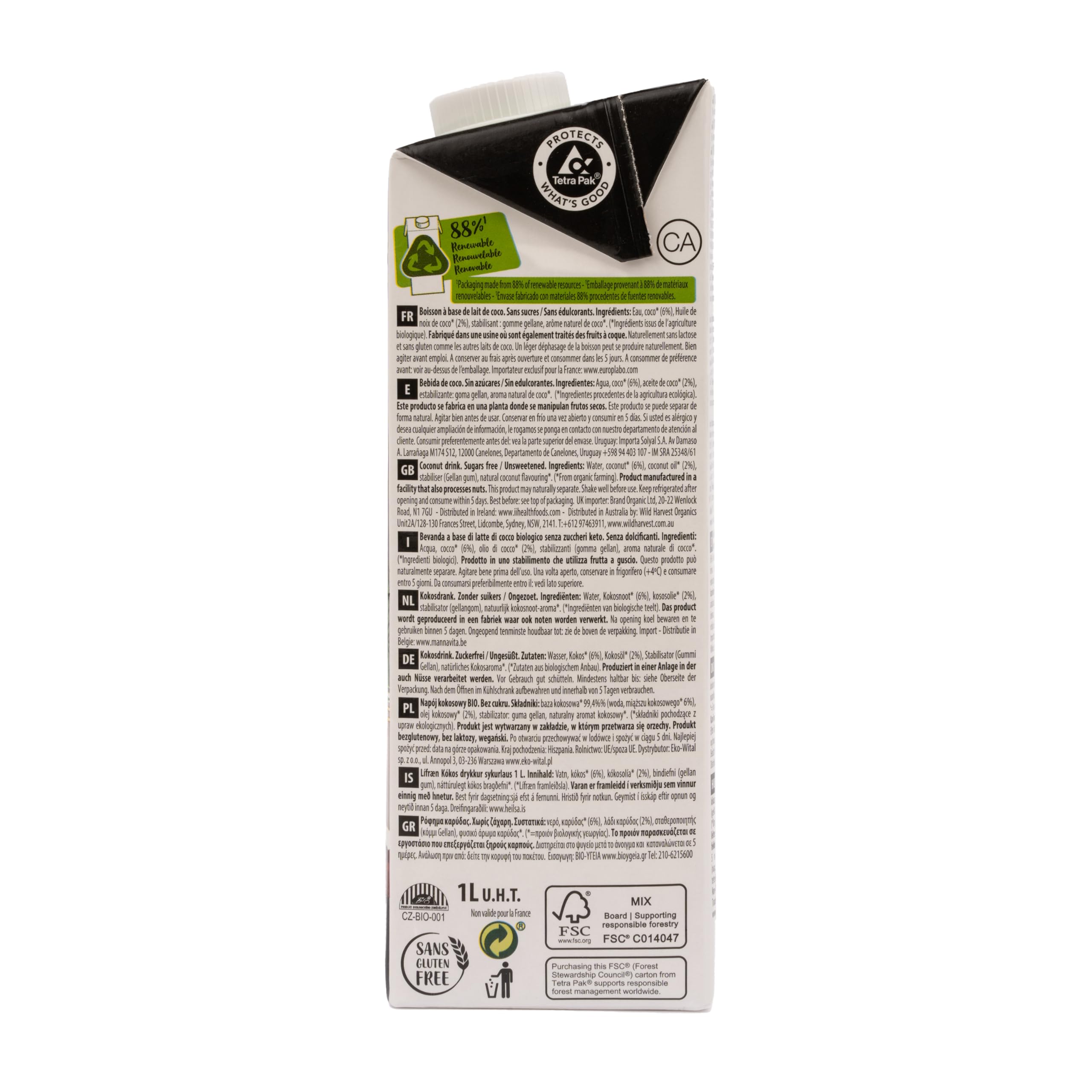 Ecomil Coconut Nature Keto Bio 1L Ecológica Sin Azúcares Añadidos Sin Gluten Vegana