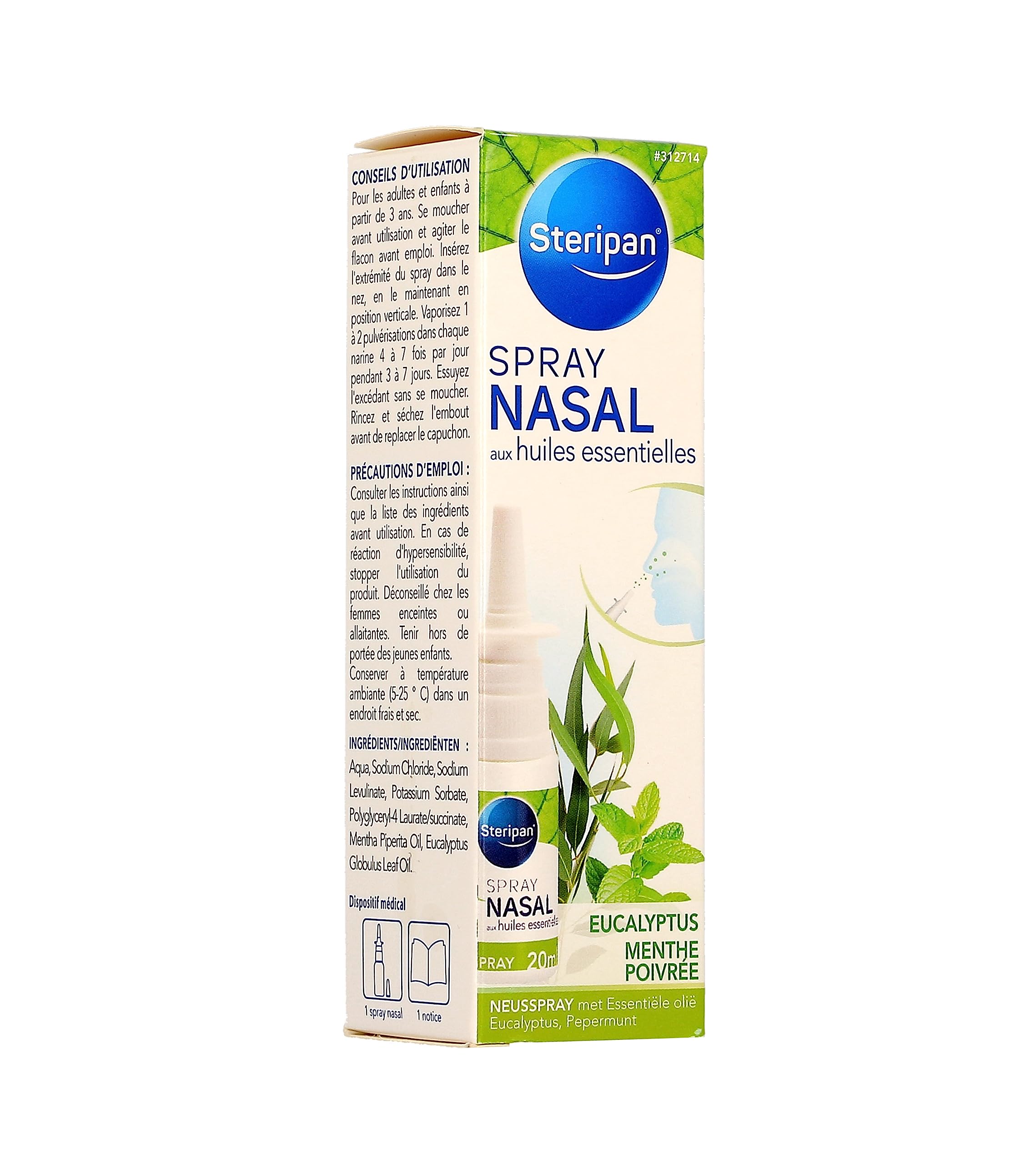 Steripan - Spray Nasal Décongestionnant - Aux Huiles Essentielles - Eucalyptus et Menthe Poivrée - 20ml