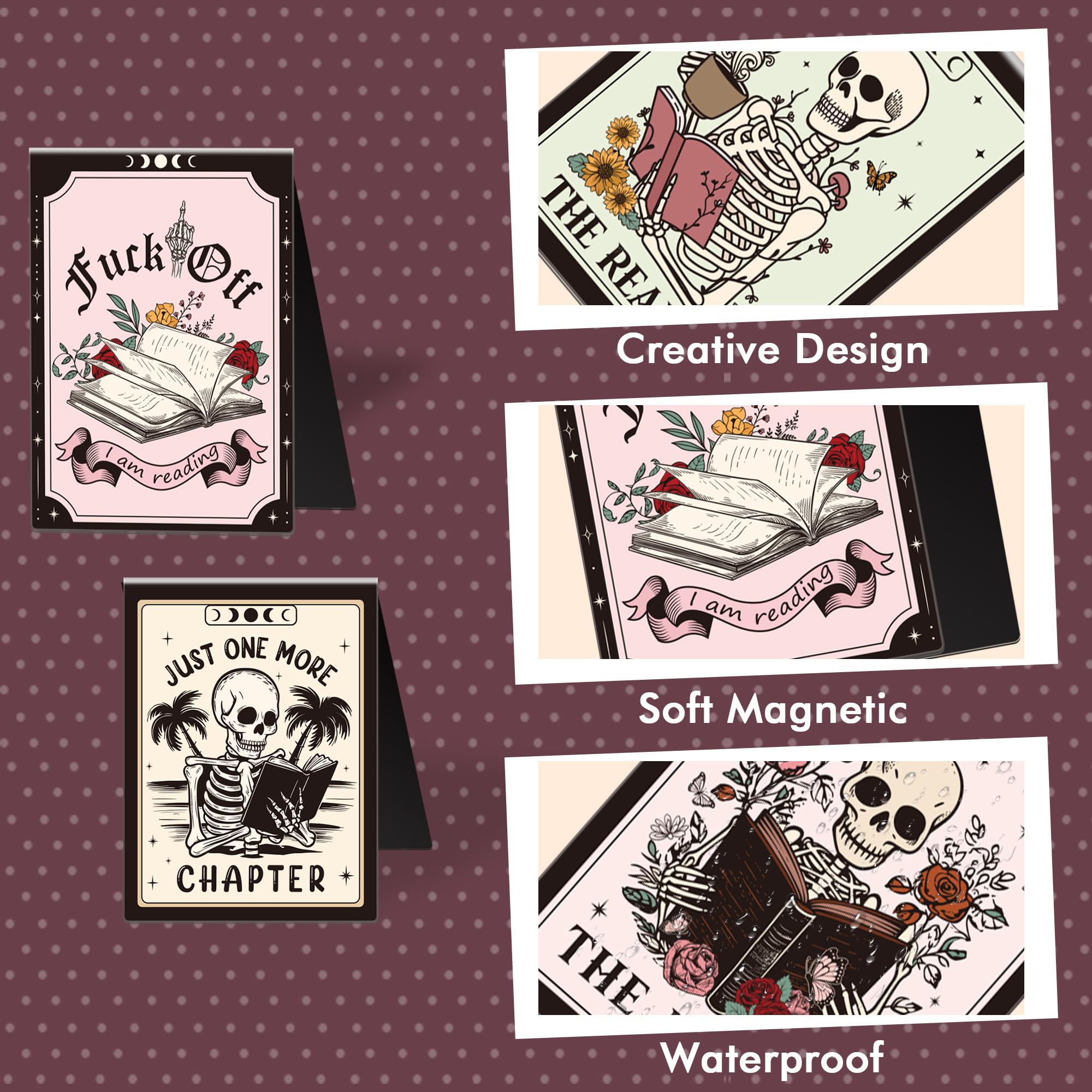 Gothic Skeleton Magnetic Bookmarks: 8 Pcs Funny Skull Book Mark for Book Lovers Horror Marker Clips Gifts for Reading Women School Office Supplies - Image 3