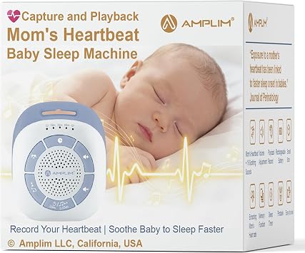 Moms Real Heartbeat Sound Device, Womb Sound Recorder White Noise for Newborn, Soothing Baby Sleep Machine, Rechargeable, Timer & Volume Control, Portable Infant Aid for Faster, Deeper Sleep