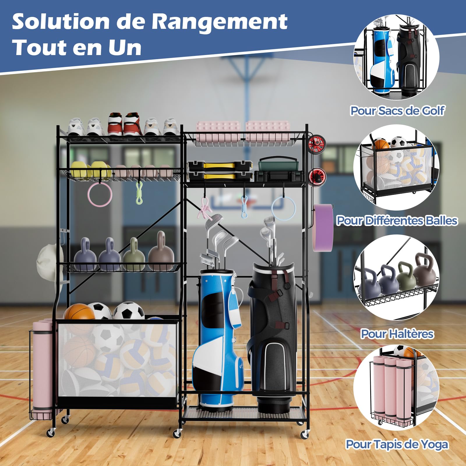 GOPLUS Organizador de Equipo Deportivo con 6 Ruedas, Estante de Almacenamiento de Metal para Pelotas, Mancuernas, Yoga Esterilla, Bolas y Bolsas de Golf, 5 Estantes Ajustables y 13 Ganchos Extraíbles