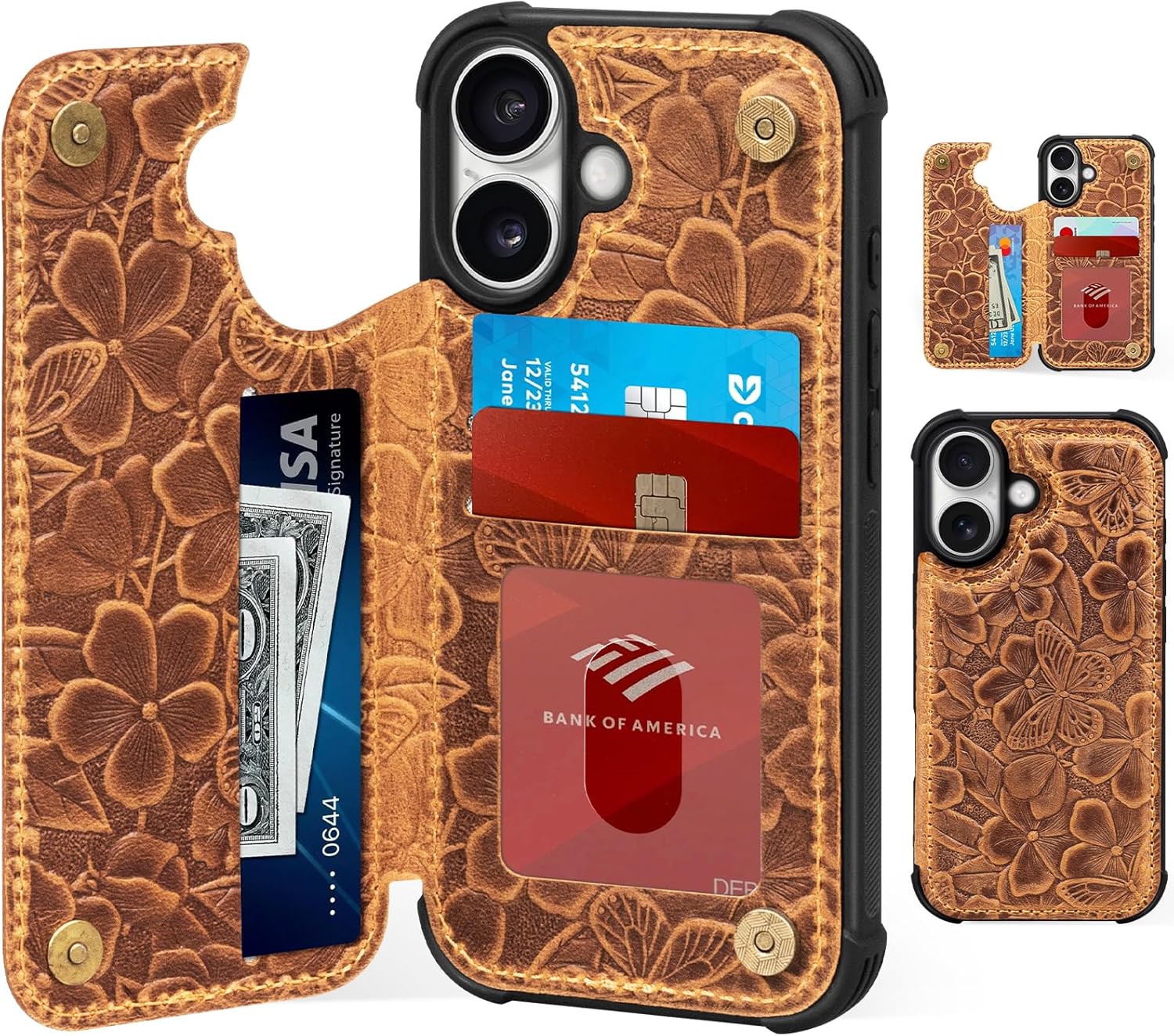 Genuine Leather Case for iPhone 17 | Shockproof Wallet Cover with Card Slots, Double Magnetic Clasp, Kickstand, Brown