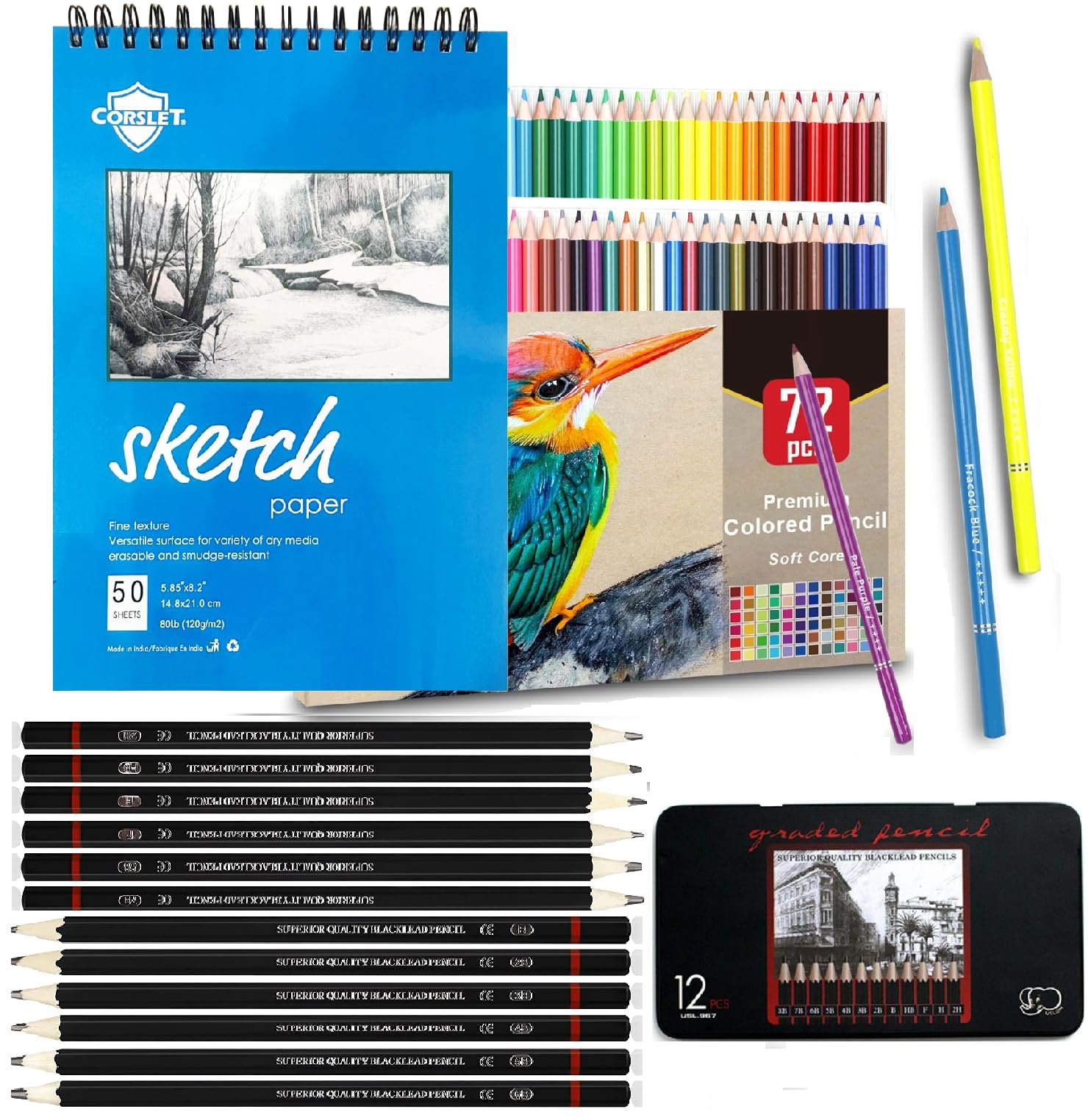 Corslet Set of 85 Art Supplies Drawing Kit 72 Colour Pencils Set 12 Pc Sketch Pencil Set Drawing Pencils A5 Sketch Book 50 Sheets 100 Pages Pencil Colours for Sketching Shading Charcoal Pencil Adults
