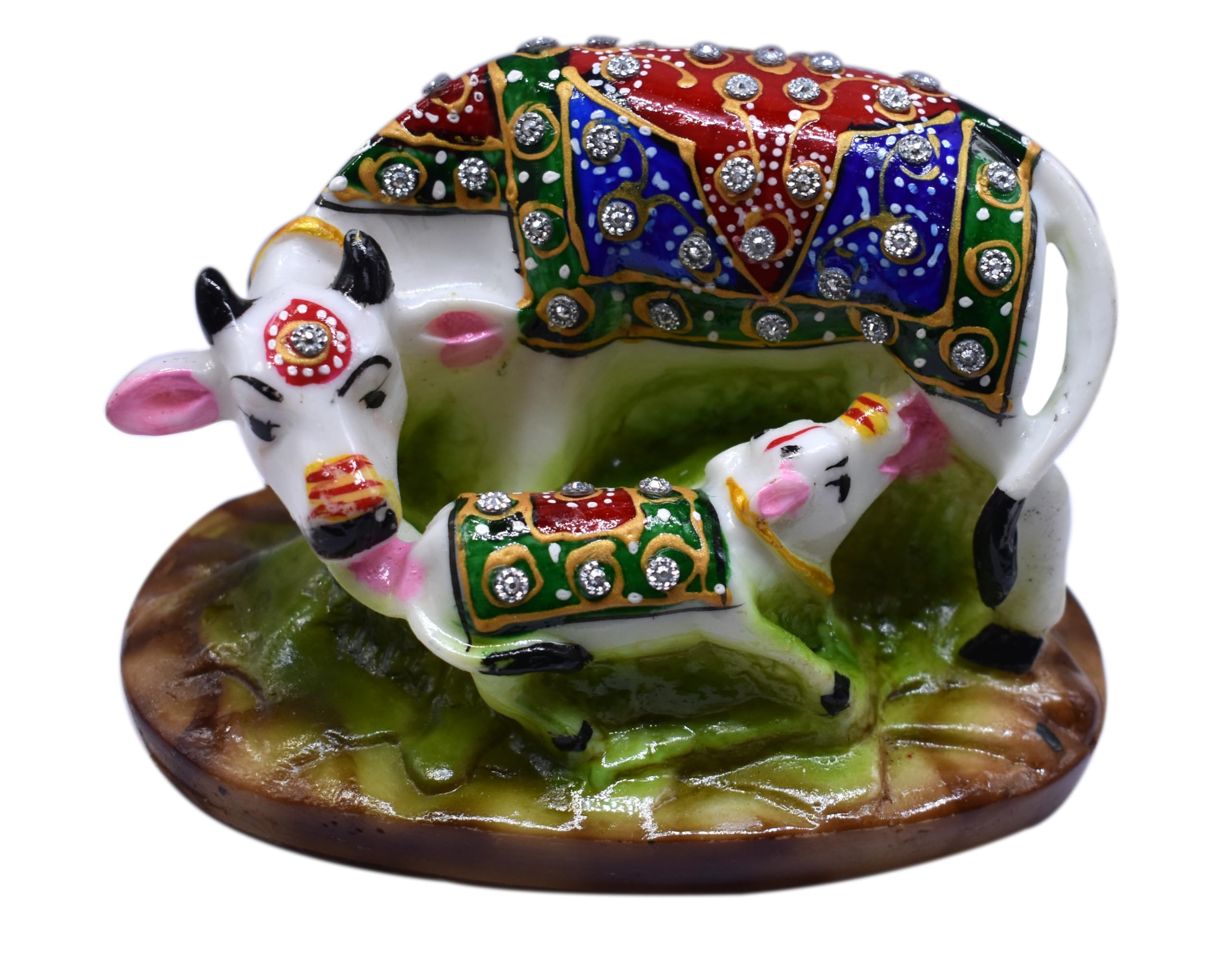 Dust Polyresin Decorative Marble Kamdhenu Cow and Calf Big Handcrafted Statue Good Luck Gift (5x3x3inch, Multicolour)