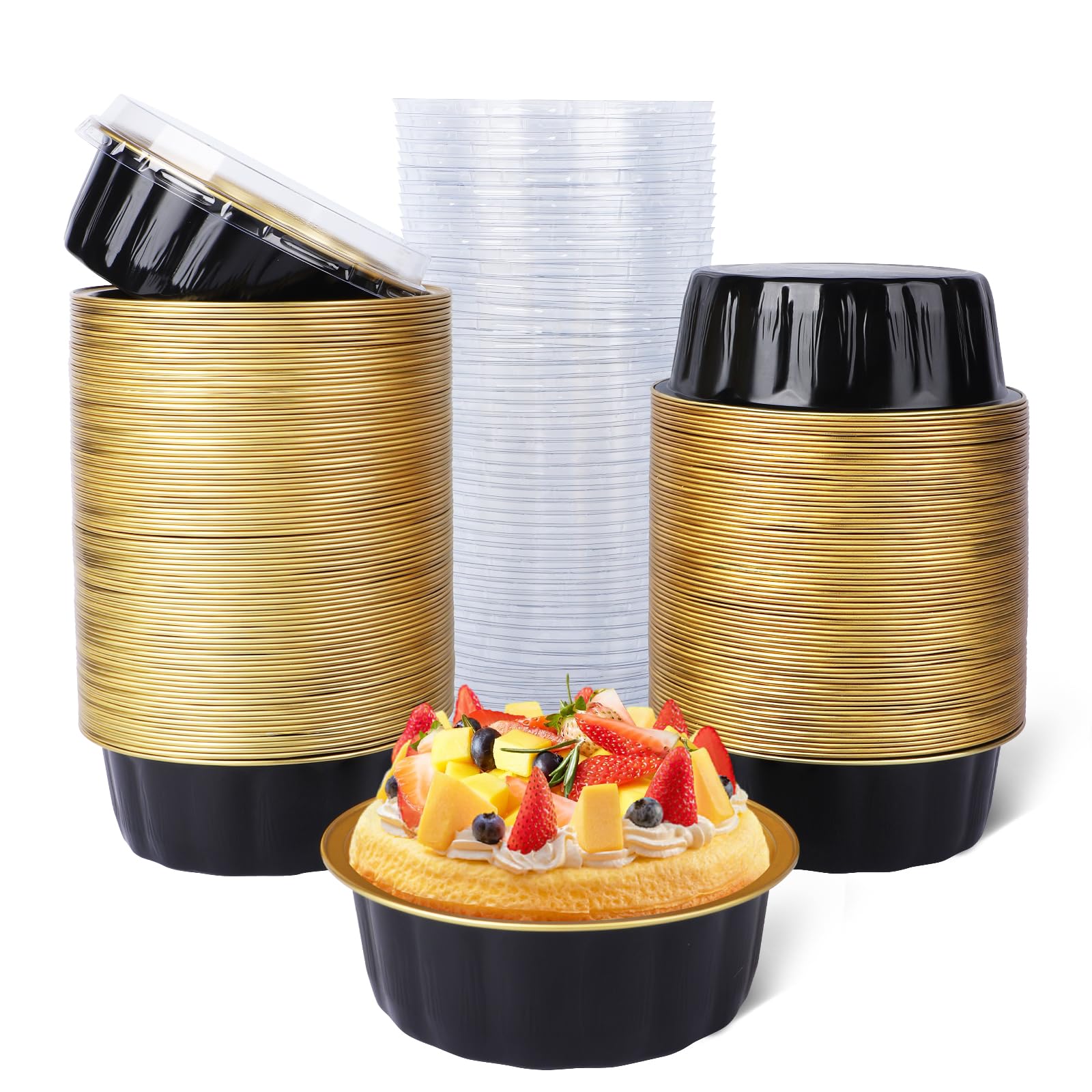 Beasea Creme Brulee - Ramequines desechables con tapas, paquete de 120 mini moldes de aluminio de 8 onzas, 4 pulgadas, color negro y dorado, pequeños moldes redondos para tartas, recipientes