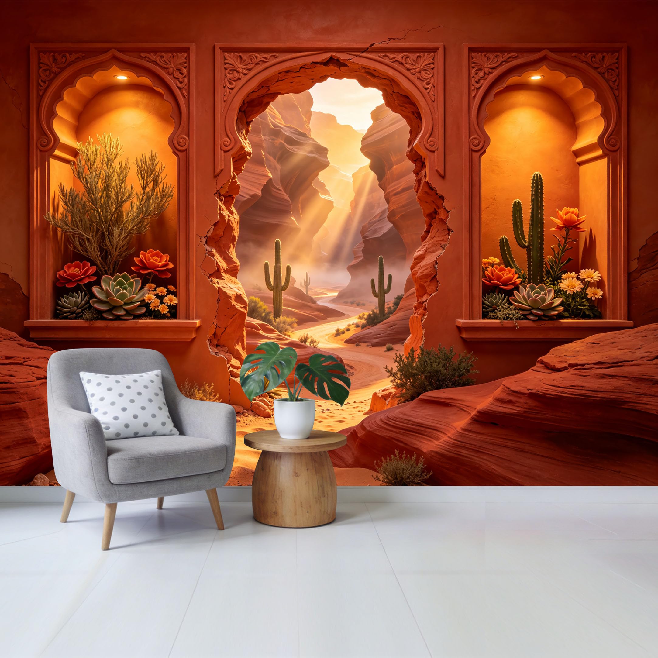 Custom Size Wall Mural Desert Canyon Sunset Cactus Landscape Removable Self Adhesive Fabric， Home Wall Decor for Living Room Bedroom Bathroom
