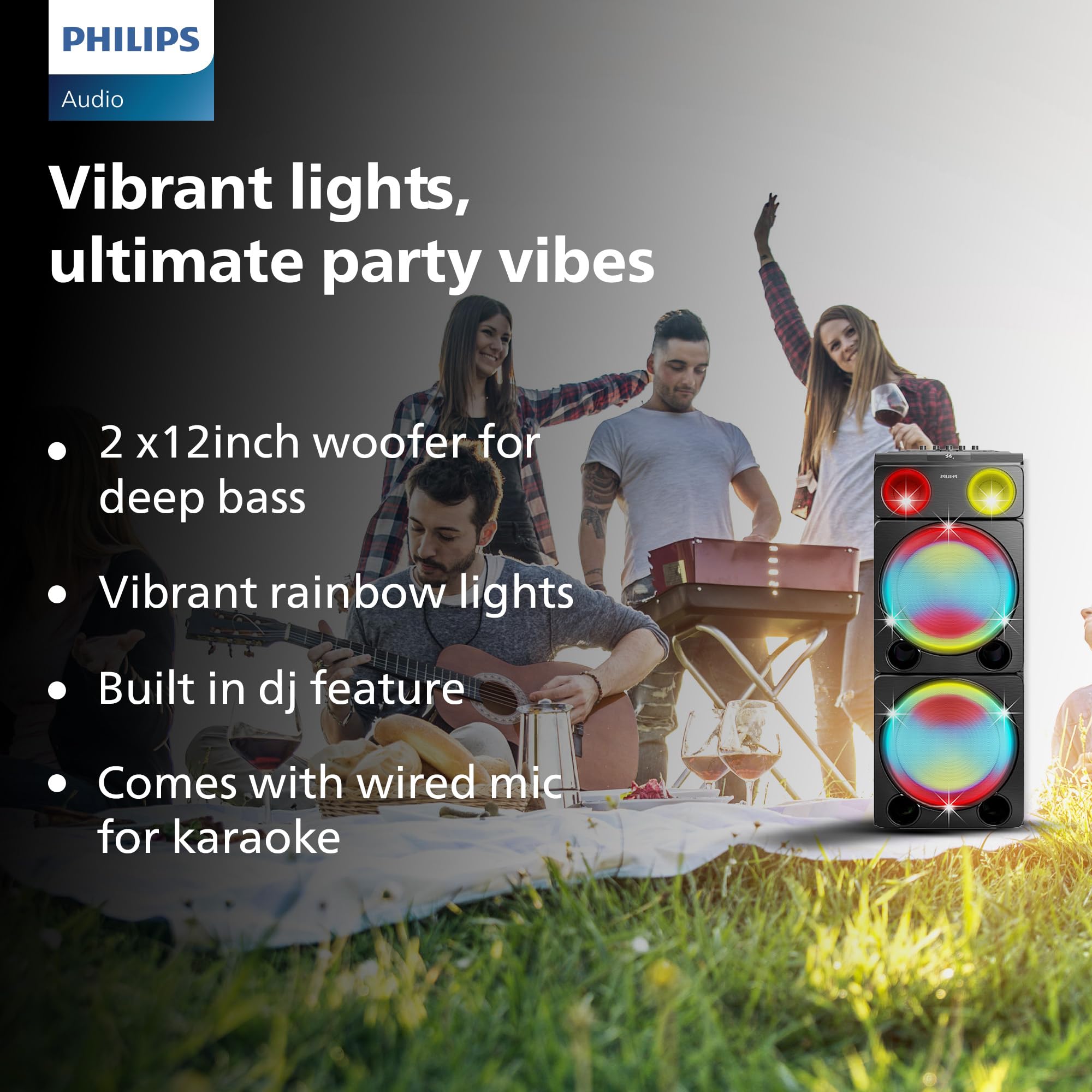 Philips 260 W Max, Free(1 wired Mic) 12 "x2 Subwoofers, BT 5.3, TWS, Control (Echo, Mic, Guitar, Volume) New