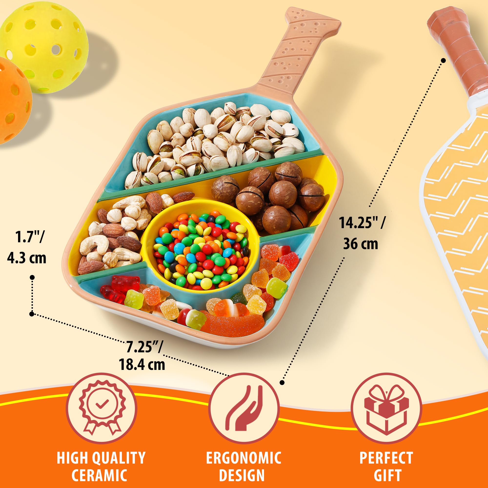 Pickleball Paddle Snack Tray - Cool Pickleballs Serving Tray for Snack - Paddle-Shaped Serving Tray with Compartments - Unique Divided Snack Trays for Pickleball Fans