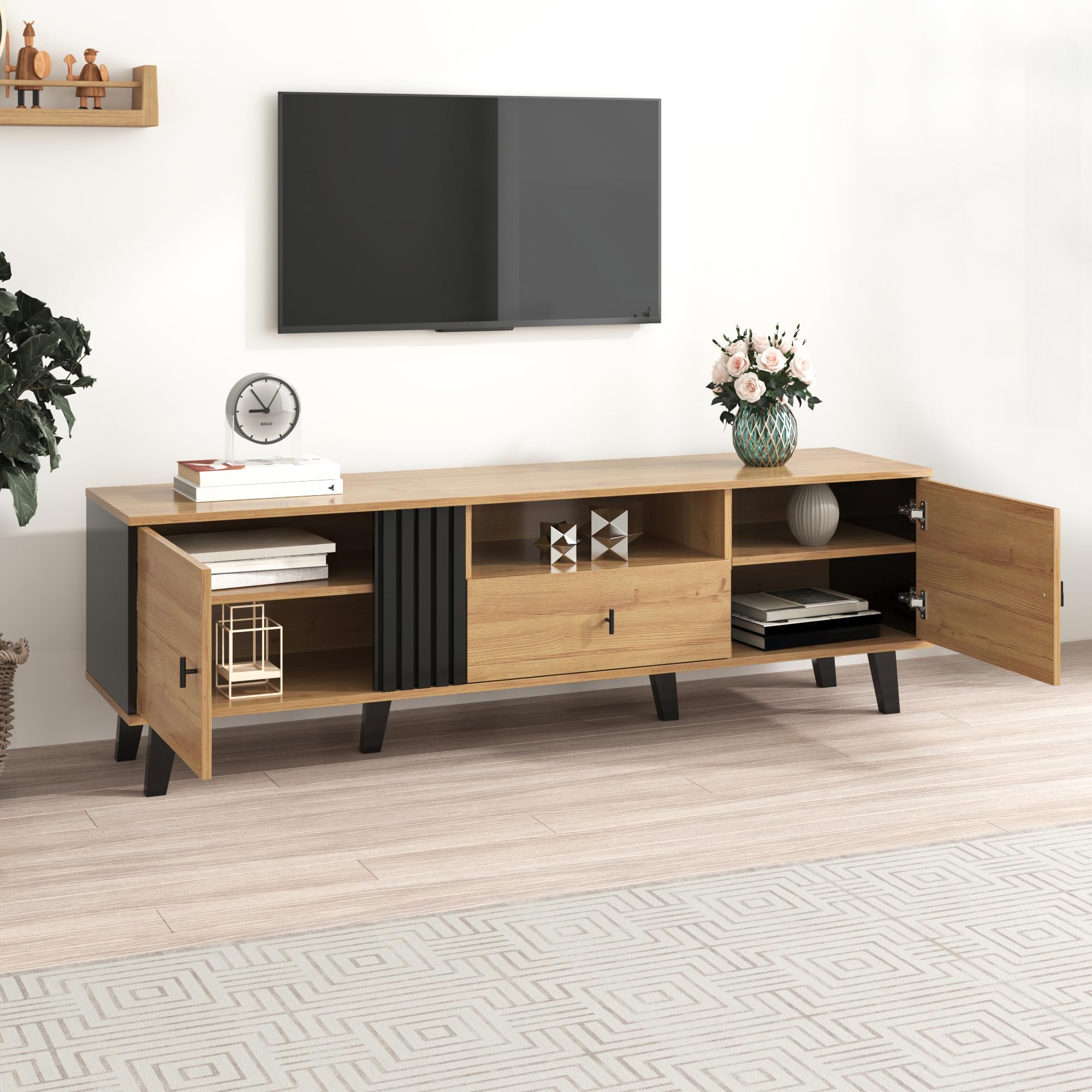 Elegancia elegante: mueble de TV de 170 cm con diseño de madera y negro, mueble de TV, mueble bajo con cajones, múltiples funciones de almacenamiento, aspecto único