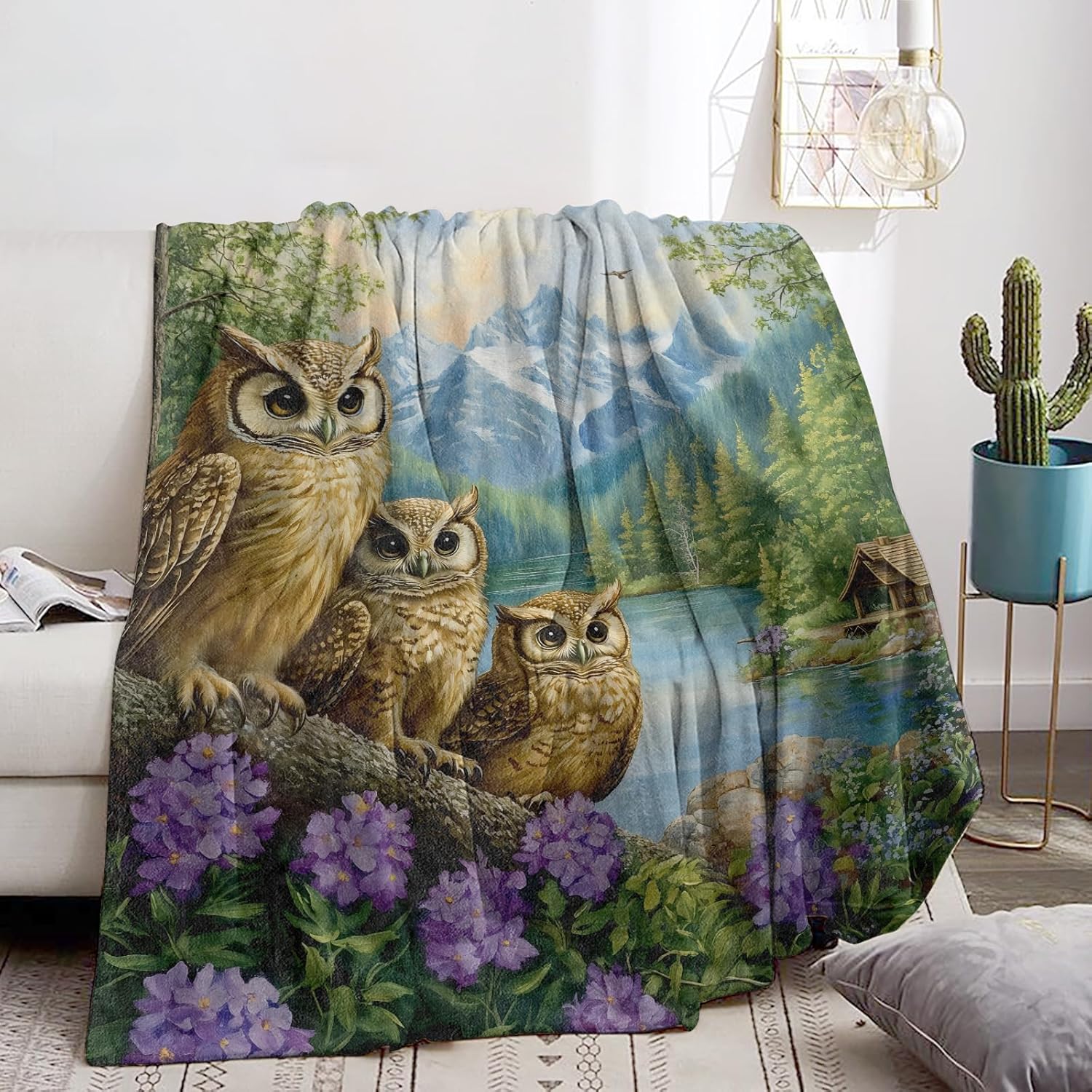 Lovely Owl Blanket Soft Flannel Throw Blanket, Cozy & Warm Yet Lightweight Blankets for Travel, Couch, Bed, for Men Women Adults, Fuzzy Outdoor Comfort Wrap 60"×50"