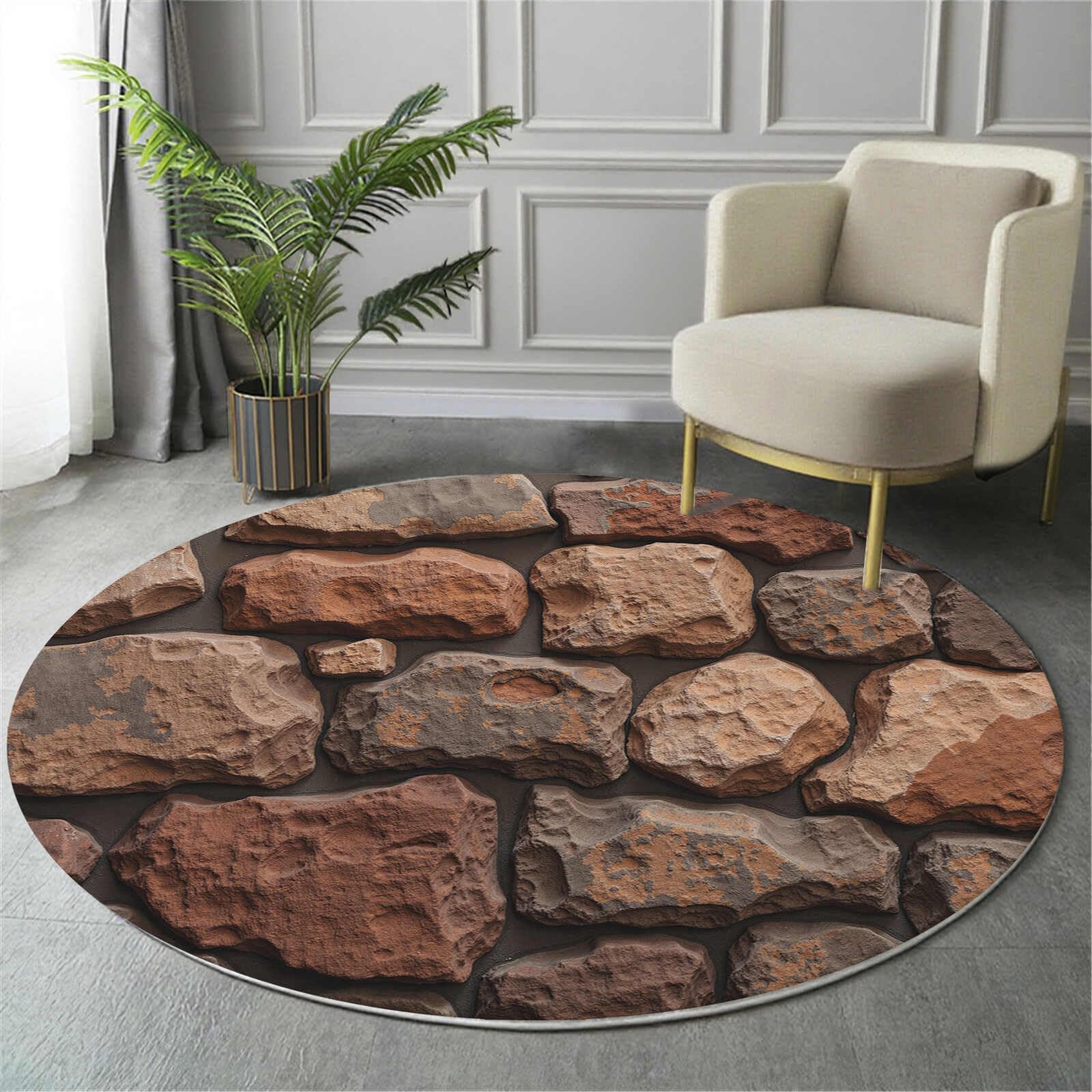 Tapis rond salon effet pierre rétro 120cm antidérapant intérieur extérieur