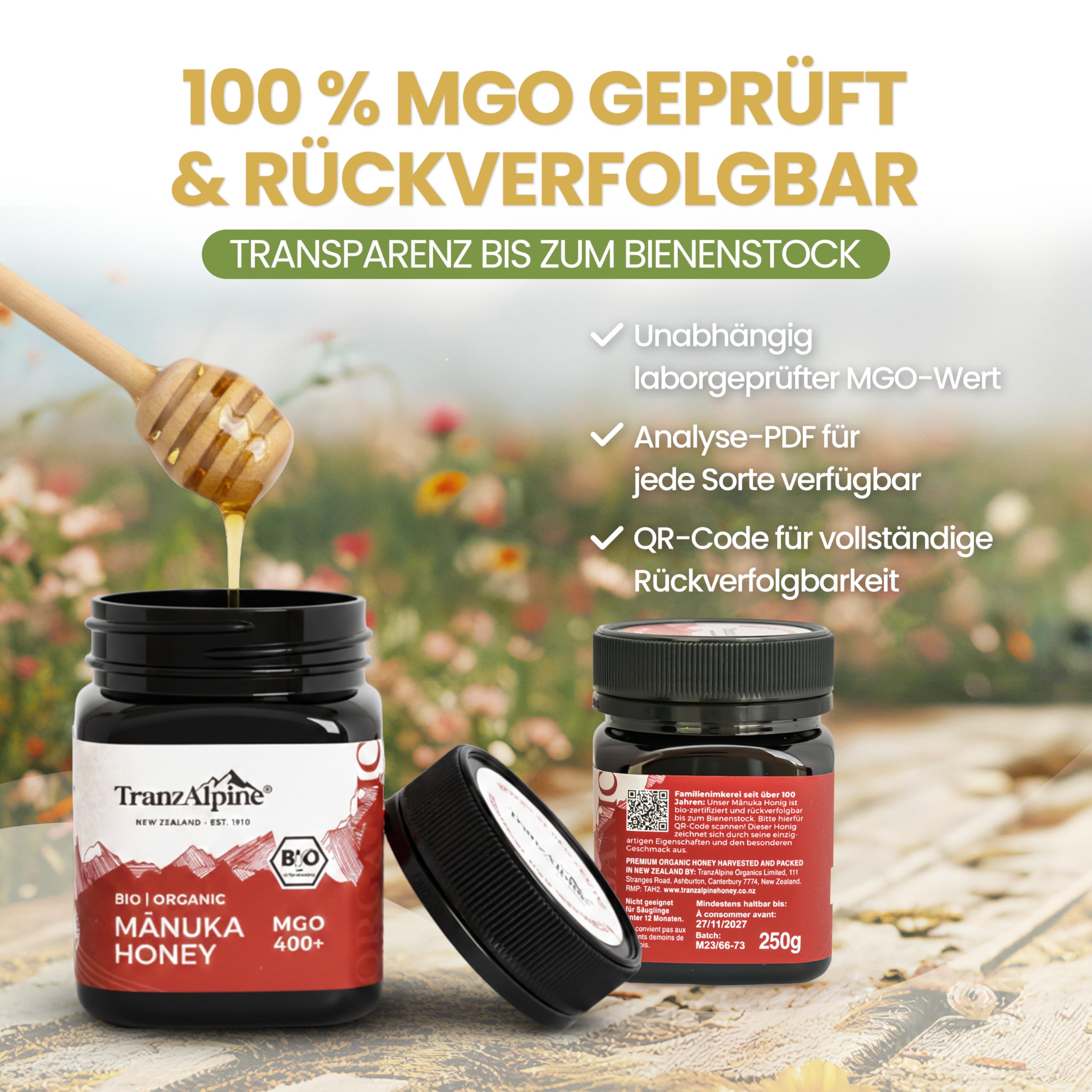 TranzAlpine Manuka Honig BIO-zertifiziert 250g - MGO 400+ | 100 % reiner Premiumhonig aus Neuseeland - Laborgeprüft & Original-Imkerabfüllung