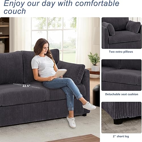 Miniatura 5 de Juego de sofá para sala de estar, juego de sofá de pana de 3 plazas y silla individual, sofás para apartamentos y espacios pequeños (gris, juego de