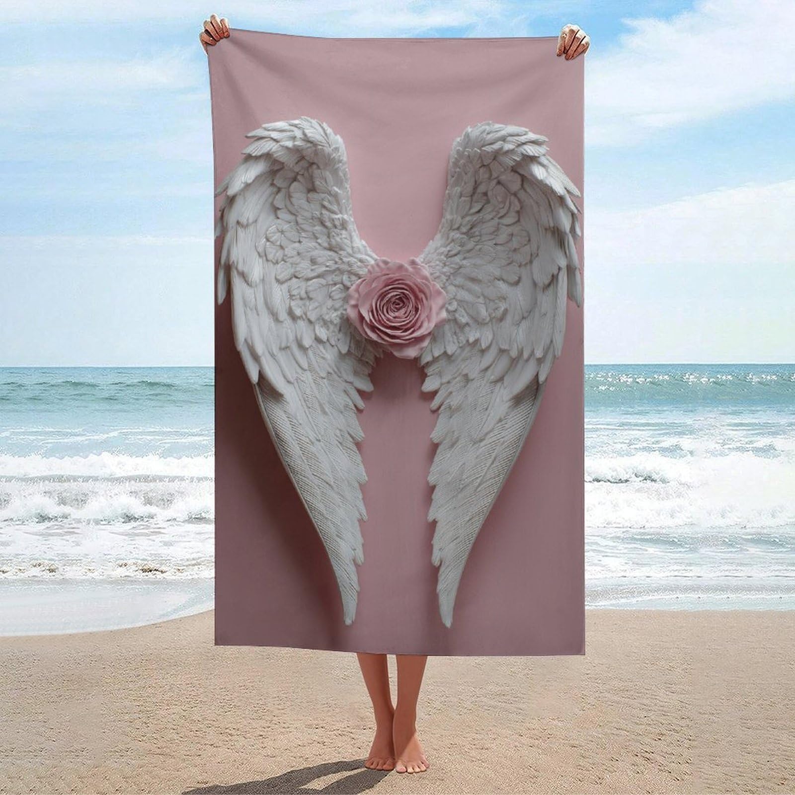 asbwuo White Feathered Angel Wings with Pink Rose Beach Towel