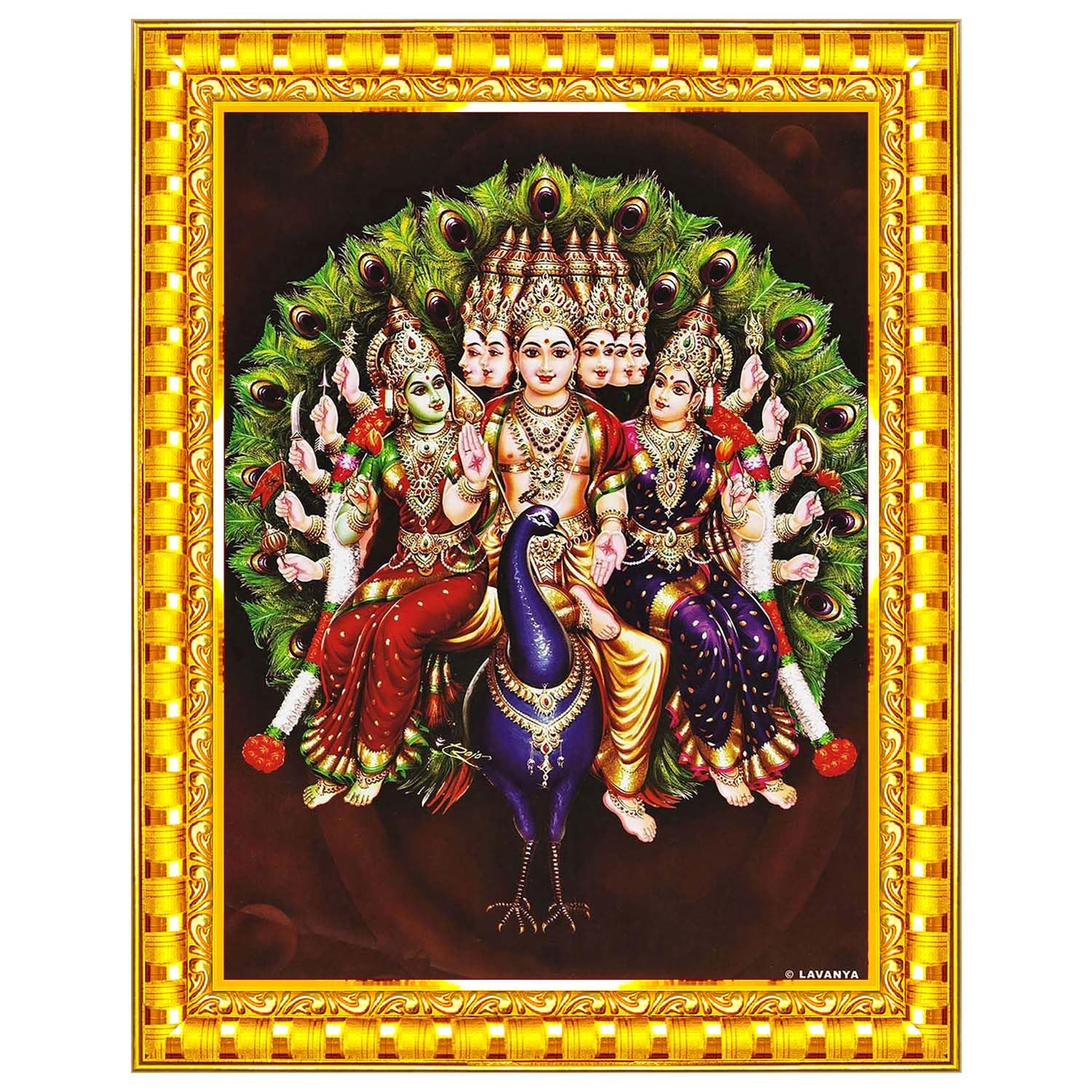 Lord Murugan Valli Deivanai Subramanya Swamy Wall Painting Framed Home Decor (Wood,Glass,Gold,Small Size,6 x 8 Inch) R69S
