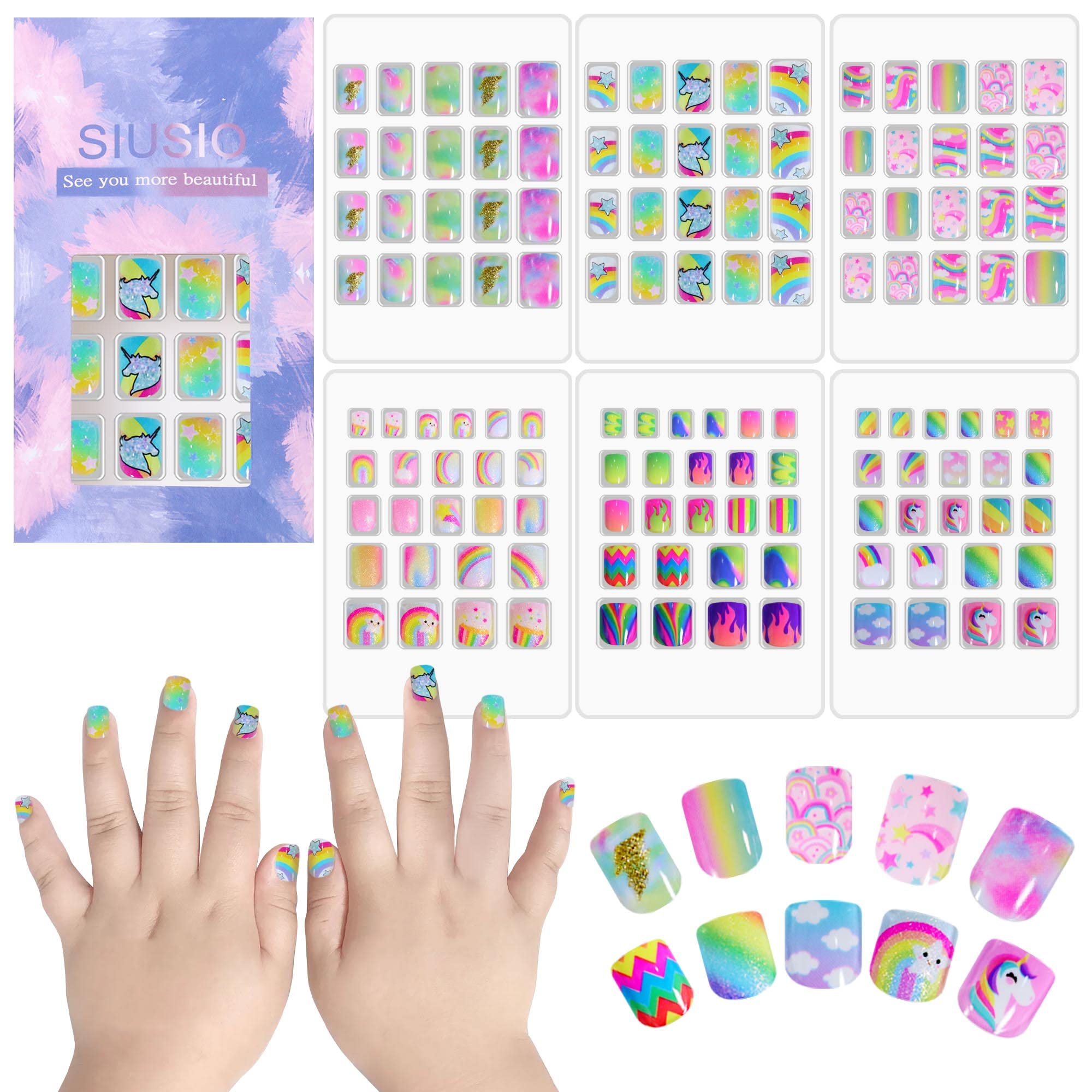 SIUSIO 132 Pcs 6Pack Kids Press on Nails Children Acrylic Fake Nails Cute Pre-glue Full Cover Glitter Gradient Color Rainbow Short Stick On False Nail