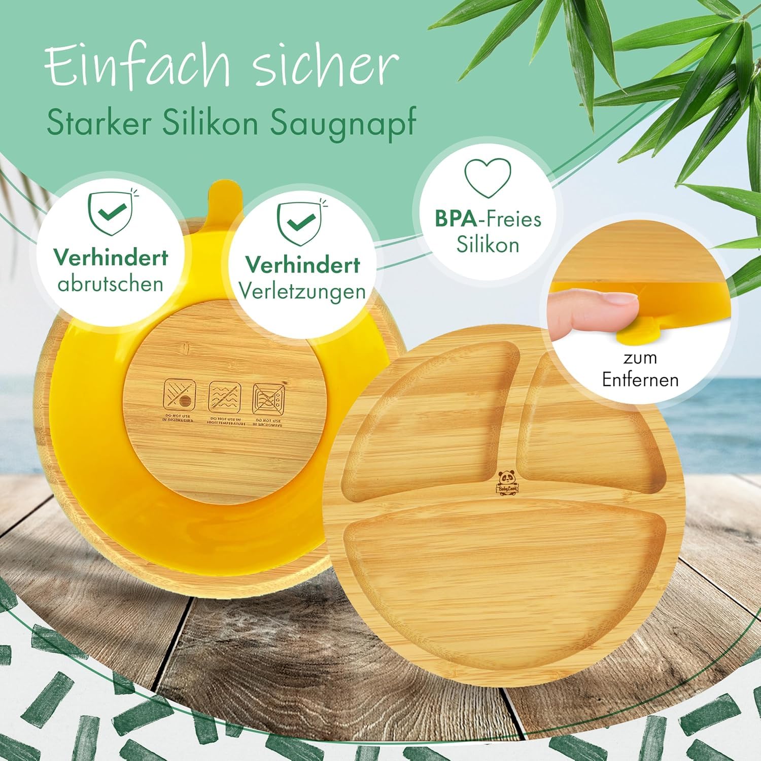 Bambus Kinderteller | TÜV Geprüfter Baby Teller mit Saugnapf & Esslernbesteck | BLW Beikost Zubehör | Esslernlöffel Baby Melamin & BPA frei | Kinder Teller mit Saugnapf | Kinderbetseck