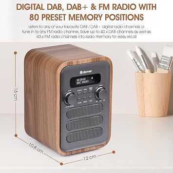 Denver DAB-48 Bluetooth DAB+ Radio With Remote Control - Digital Radio Mains Powered – Bluetooth Speaker – Alarm Clock – Grey With Large Remote Control