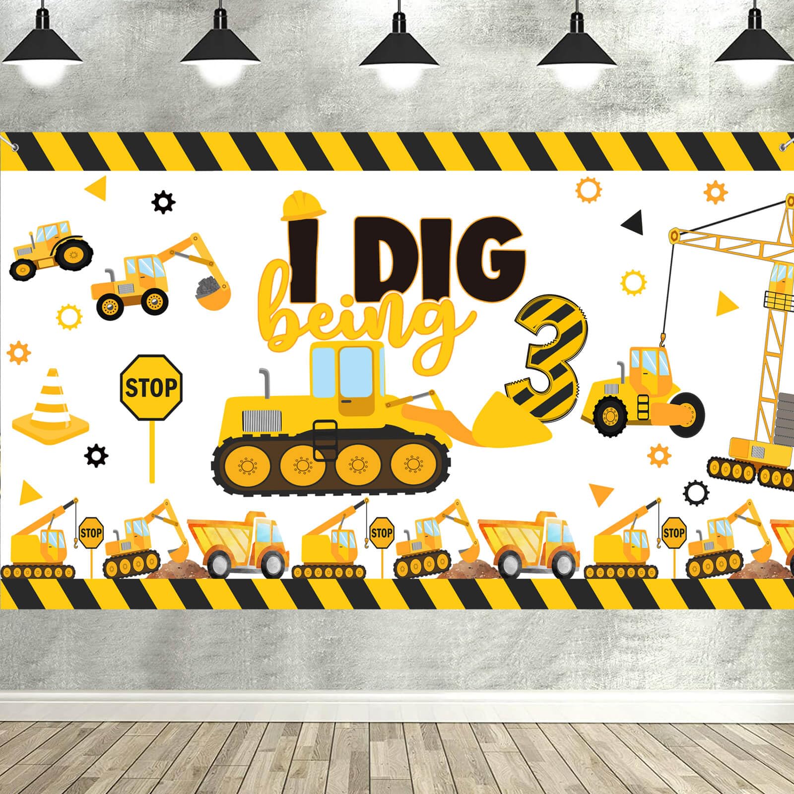 Construction 3rd Birthday Backdrop Banner Decorations for Boys Kids, Dump Truck Construction Theme Three Bday Party Supplies, Excavator Crane Digger