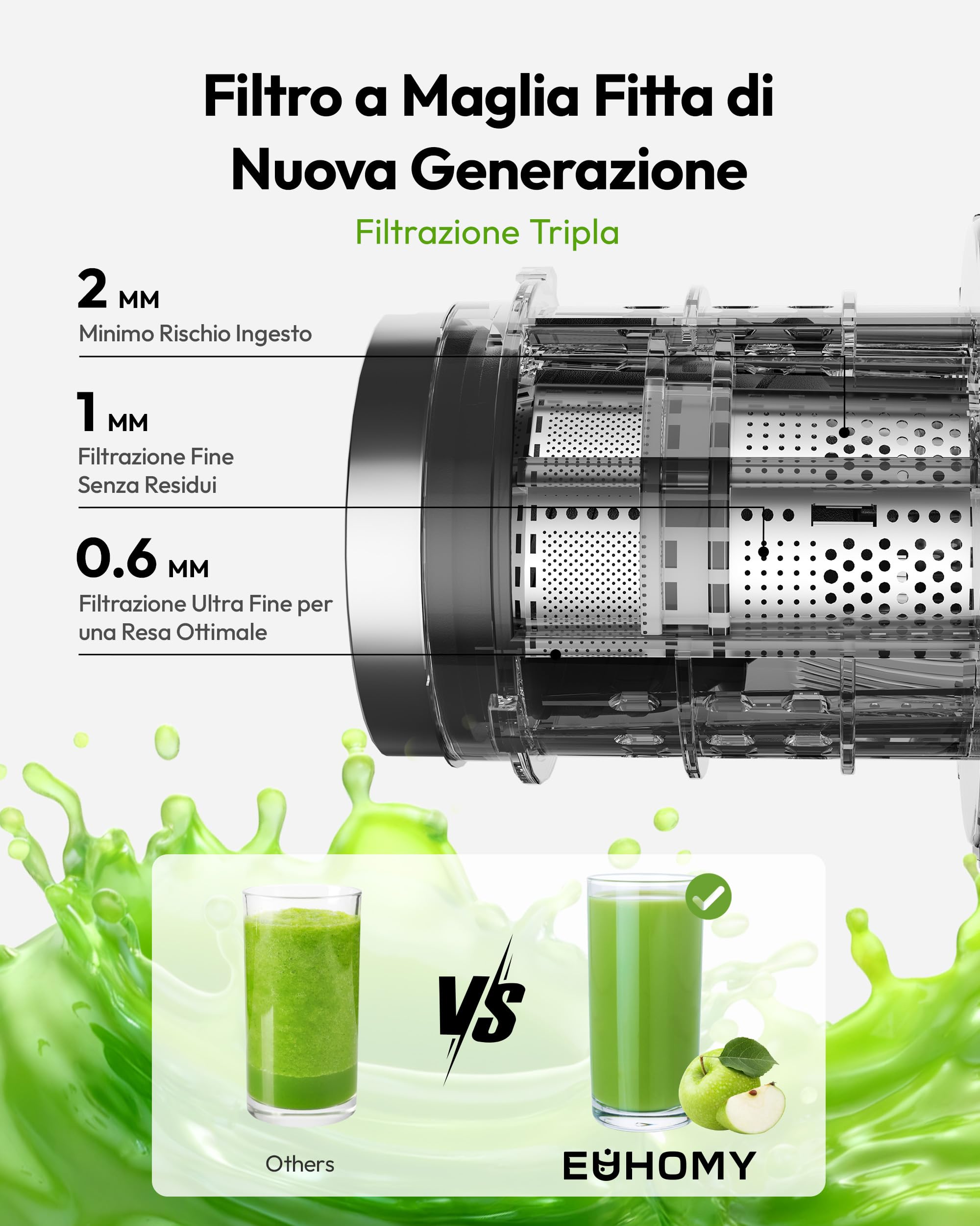 EUHOMY Estrattore Frutta e Verdura, Apertura 135MM e Capacità 1,8L Centrifuga Frutta e Verdura, 220W Estrattore di Succo con 2 Bicchieri, 99% Nutrienti Preservati, Facile da Smontare e Pulire