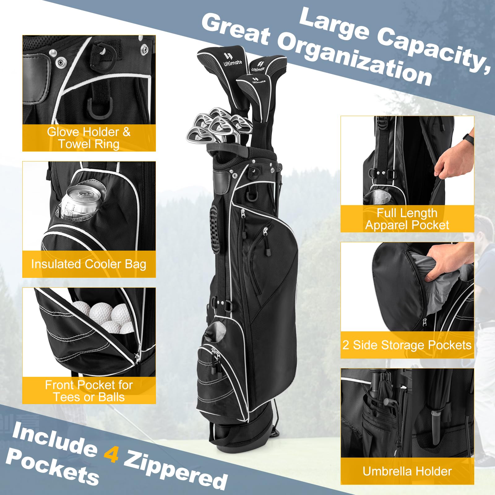KOTEK Lightweight Golf Stand Bag, Small Golf Bag with 4 Way Divider, Rain Cover, 4 Pockets, Cooler Pouch & Adjustable Dual Shoulder Straps, Golf Travel Bag for Airlines, Par 3 and Executive Courses