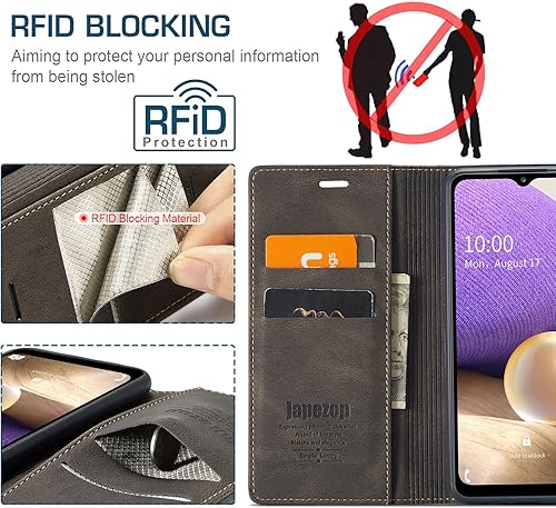 Miniatura 3 de japezop Funda de cuero para Samsung Galaxy A32 5GM32 5G, con bloqueo RFID y soporte para tarjetas, color café
